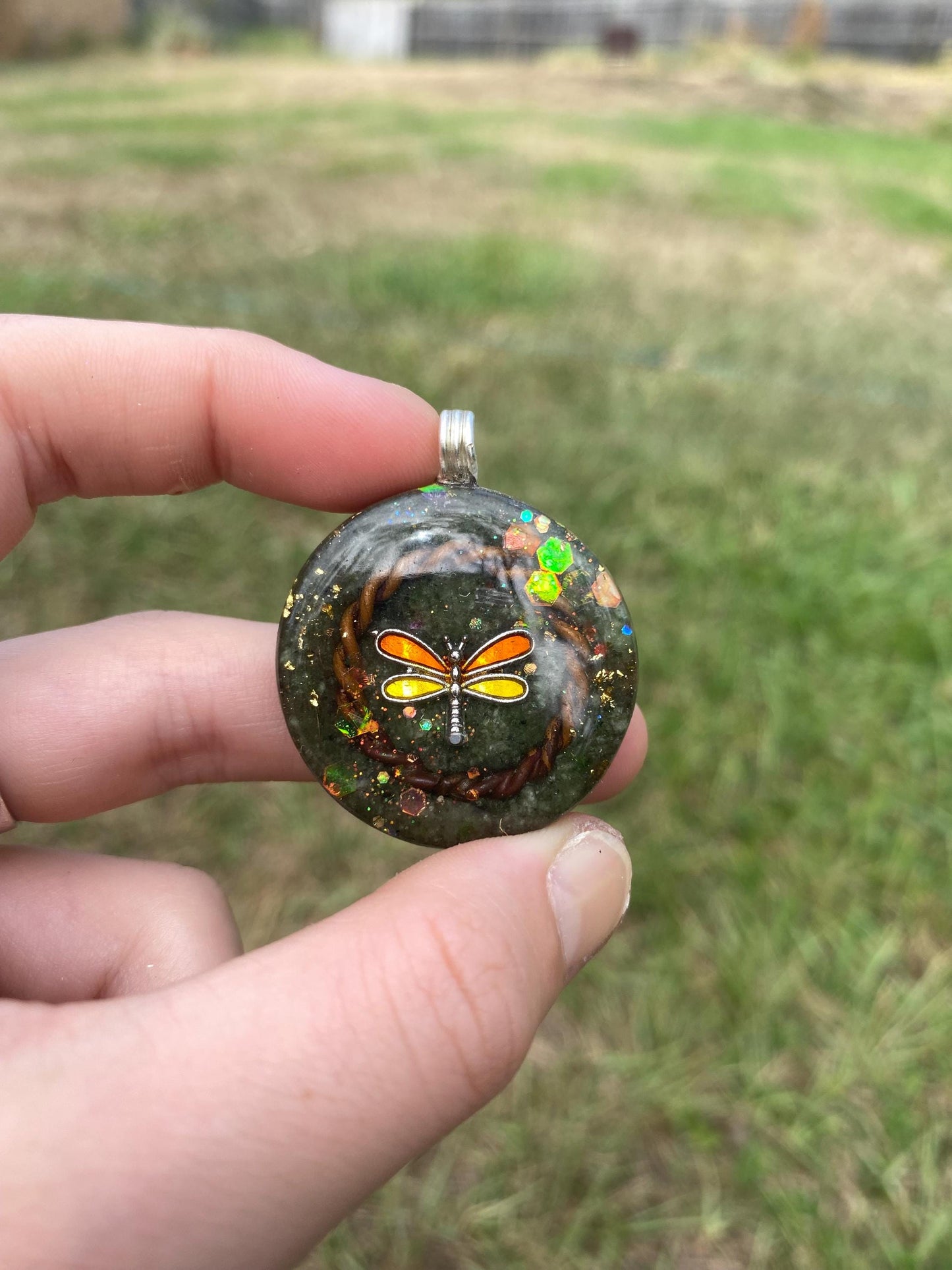 Dragonfly Orgone Pendant Necklace. Made w Elite Shungite, and Diopside. Powerful. EMF Protection. 5G Protection. 24ct Gold