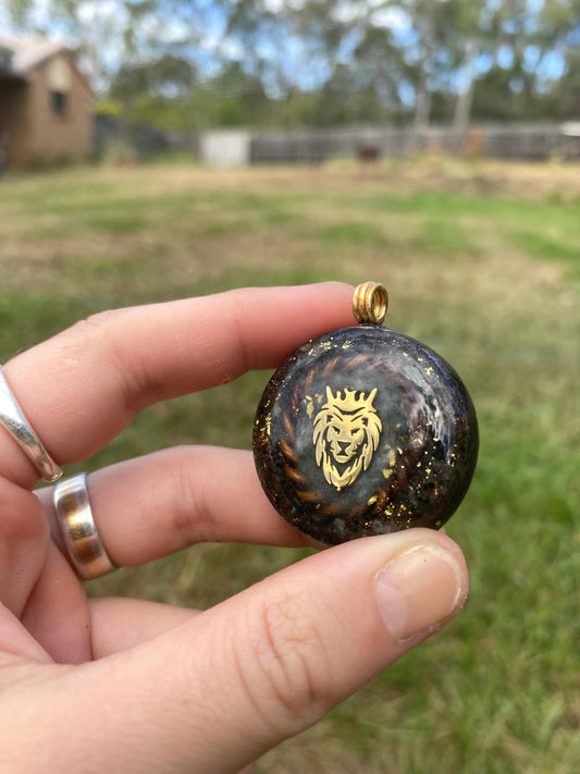 Lion King. Orgone Pendant Necklace. Made w Elite Shungite, Selenite, 24ct Gold & Emerald. Powerful. EMF Protection.