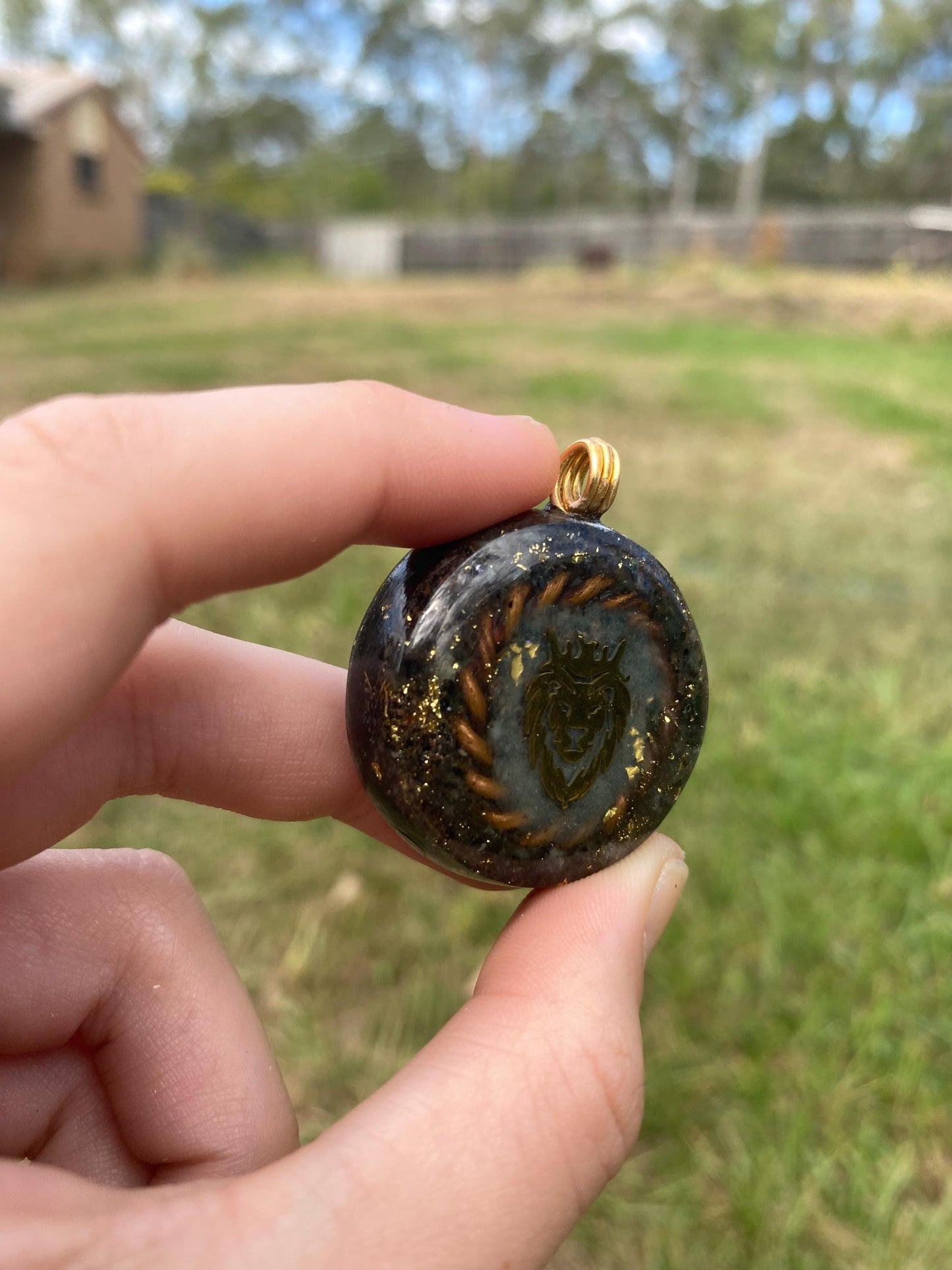Lion King. Orgone Pendant Necklace. Made w Elite Shungite, Selenite, 24ct Gold & Emerald. Powerful. EMF Protection.