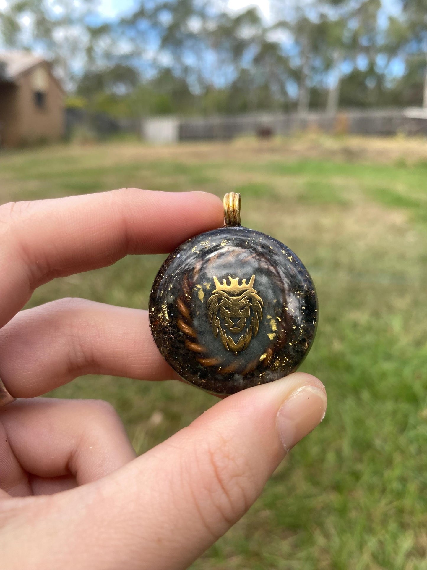 Lion King. Orgone Pendant Necklace. Made w Elite Shungite, Selenite, 24ct Gold & Emerald. Powerful. EMF Protection.