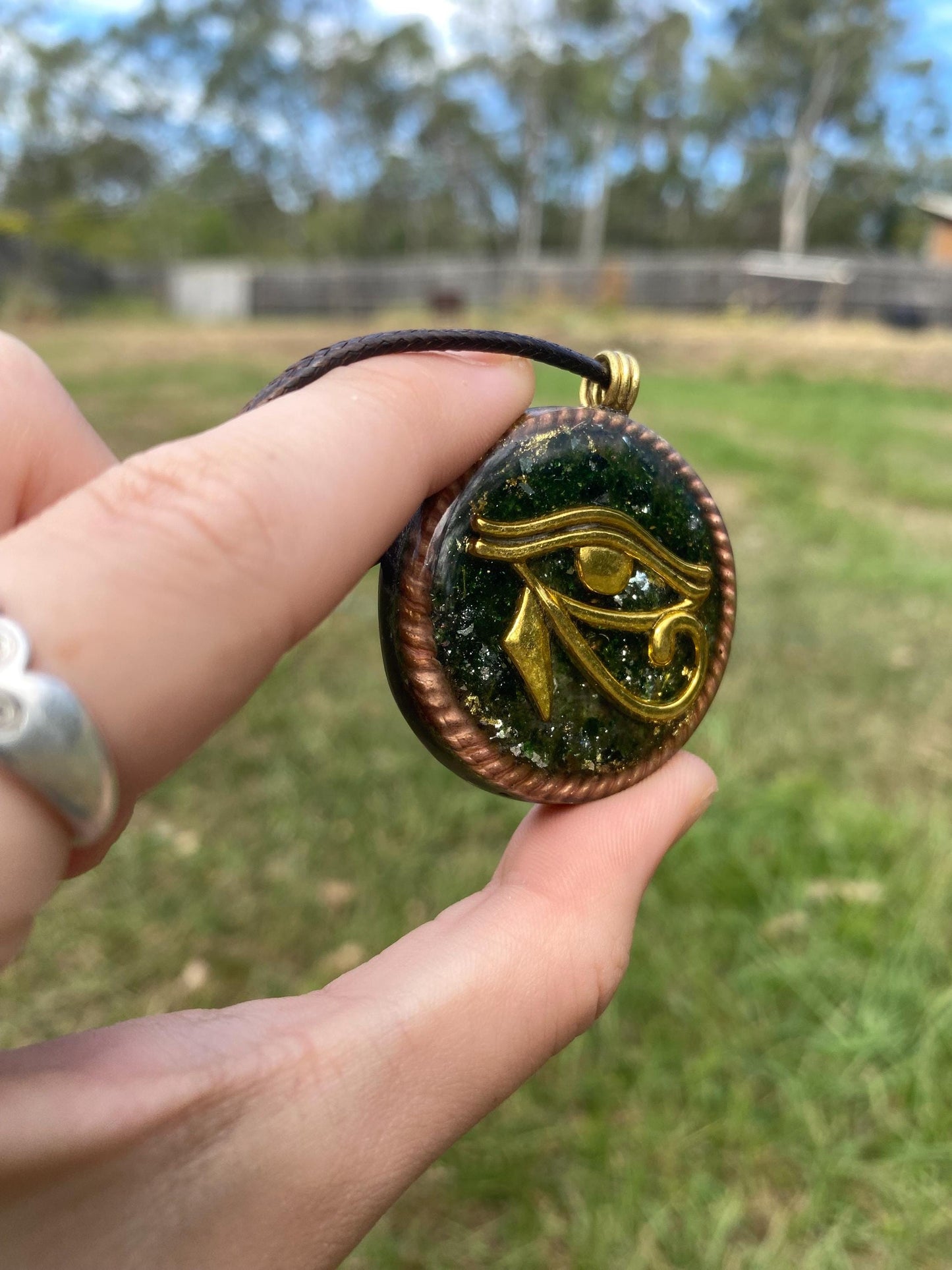 Eye Horus. Orgone Pendant Necklace. Made w Elite Shungite, Selenite, 24ct Gold & Green Goldstone. Powerful. EMF Protection.