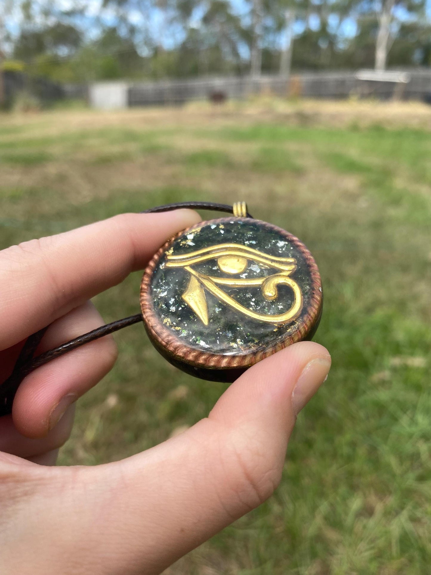 Eye Horus. Orgone Pendant Necklace. Made w Elite Shungite, Selenite, 24ct Gold & Green Goldstone. Powerful. EMF Protection.
