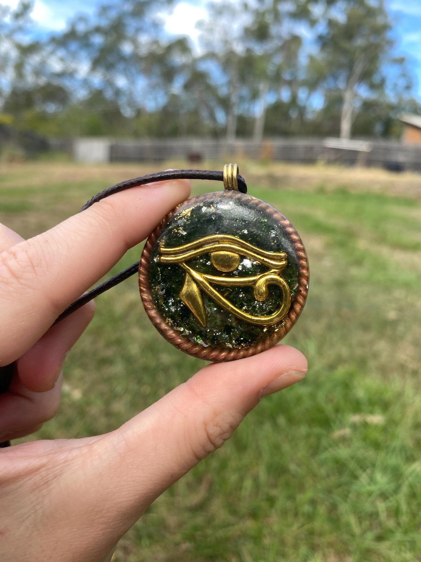 Eye Horus. Orgone Pendant Necklace. Made w Elite Shungite, Selenite, 24ct Gold & Green Goldstone. Powerful. EMF Protection.