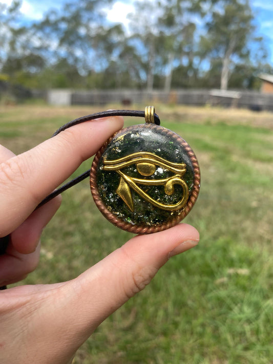 Eye Horus. Orgone Pendant Necklace. Made w Elite Shungite, Selenite, 24ct Gold & Green Goldstone. Powerful. EMF Protection.
