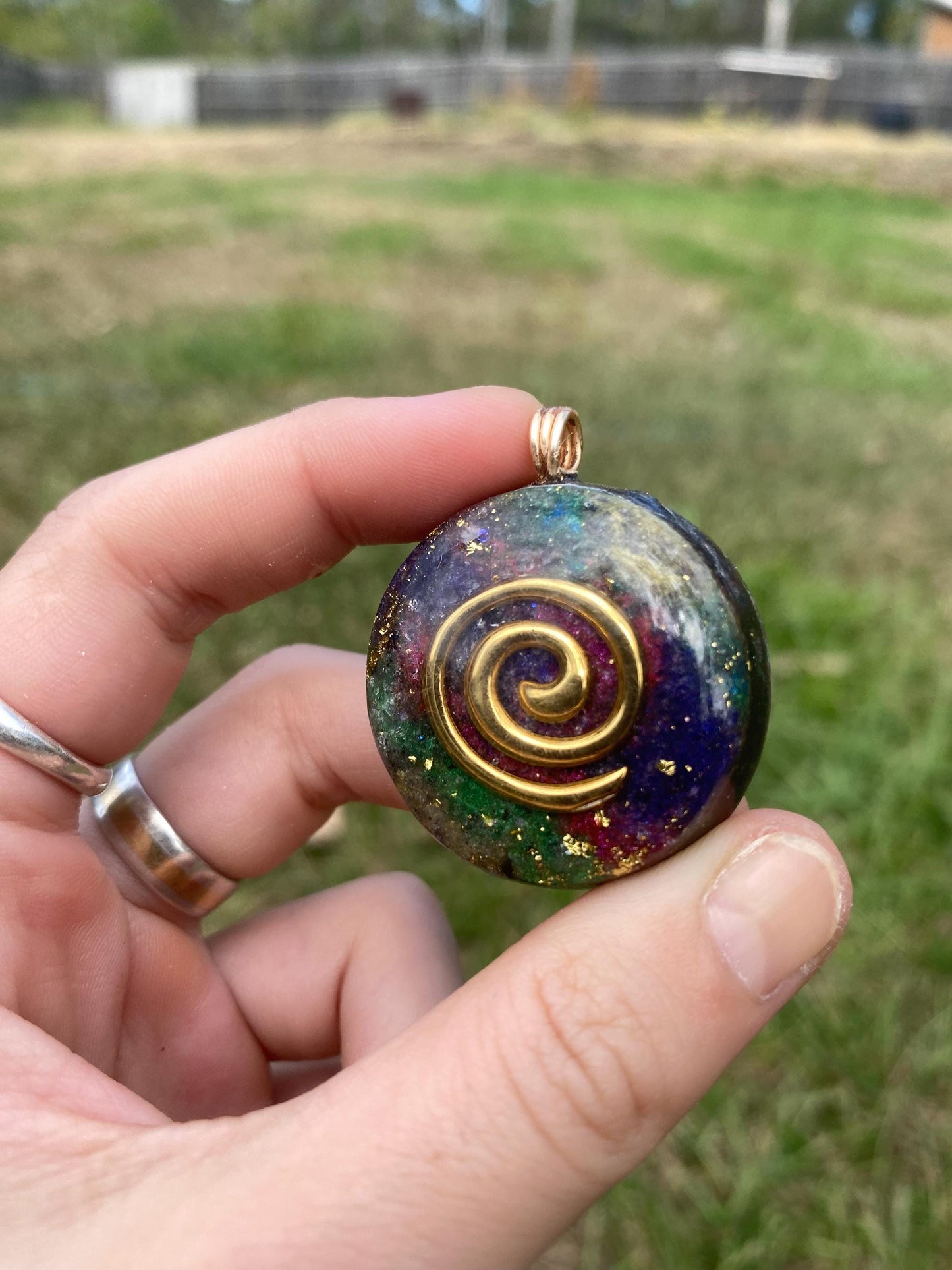 Spiral. Pendant Necklace. Made w Elite Shungite and Amethyst. Tensor Ring. Powerful. EMF Protection.24ct Gold, 5G Protection.