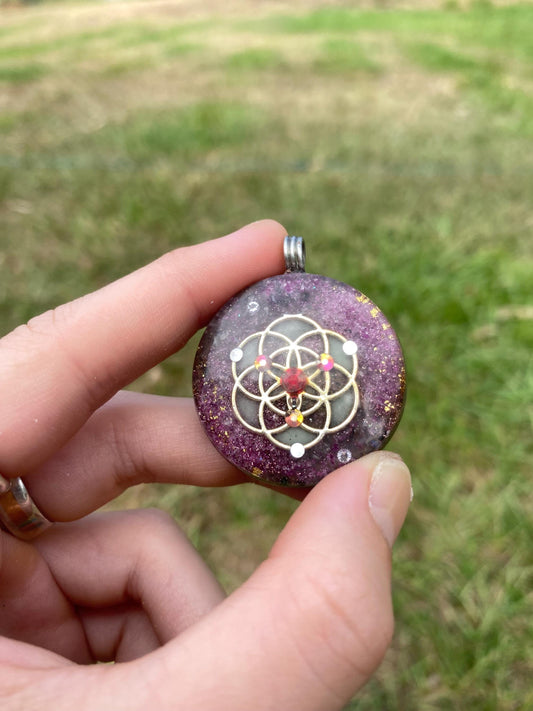Seed of Life. Orgone Pendant Necklace. Made w Elite Shungite. Ruby. Tensor Ring. Powerful. 5G Protection. Glow in the Dark