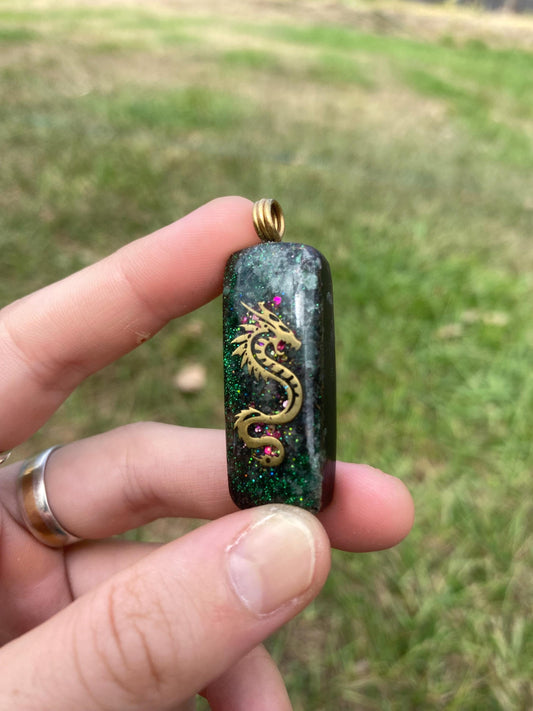 Dragon Orgonite Pendant, Elite Shungite, Selenite, Tensor Ring, Green Aventurine