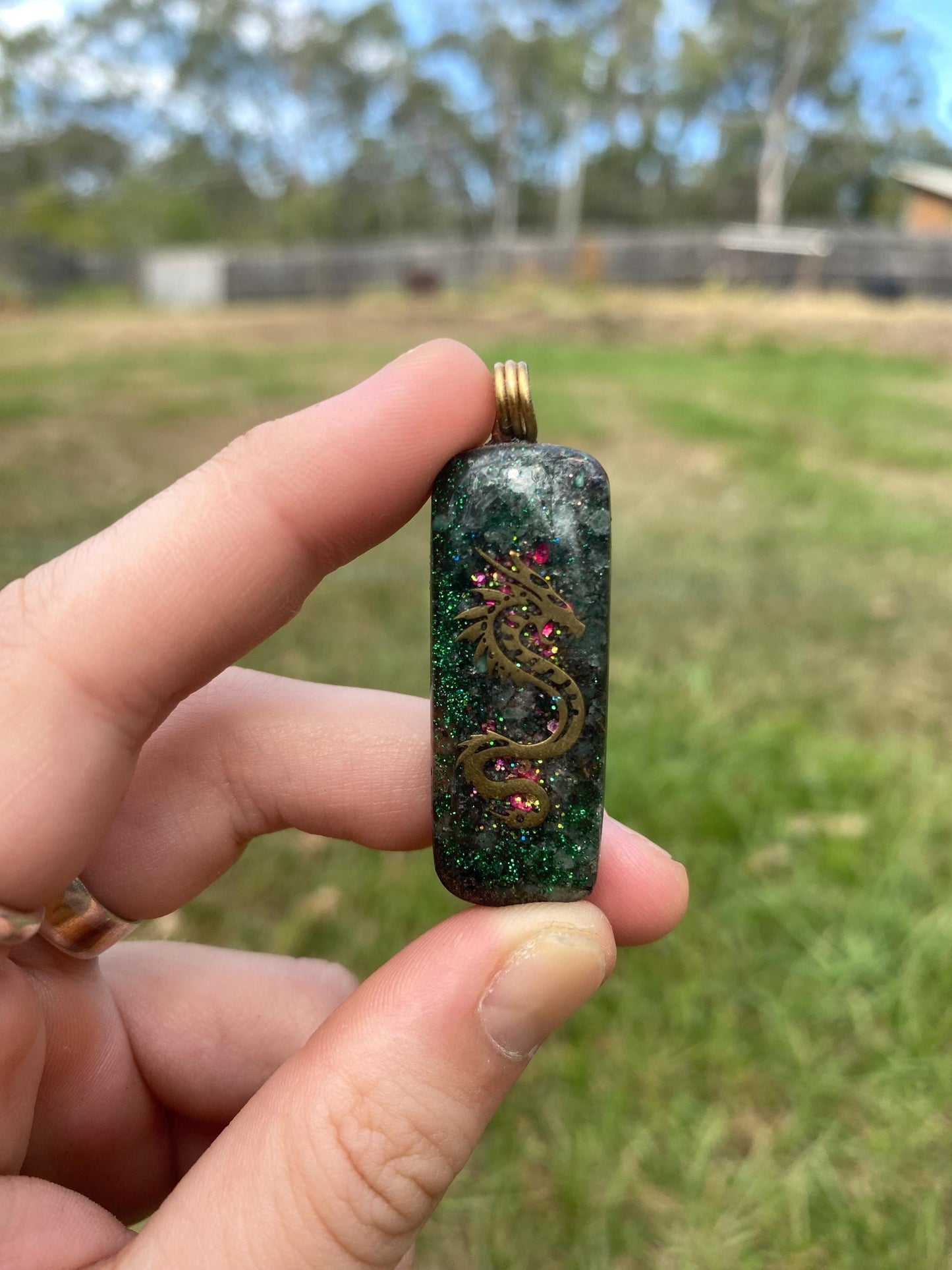 Dragon Orgonite Pendant, Elite Shungite, Selenite, Tensor Ring, Green Aventurine