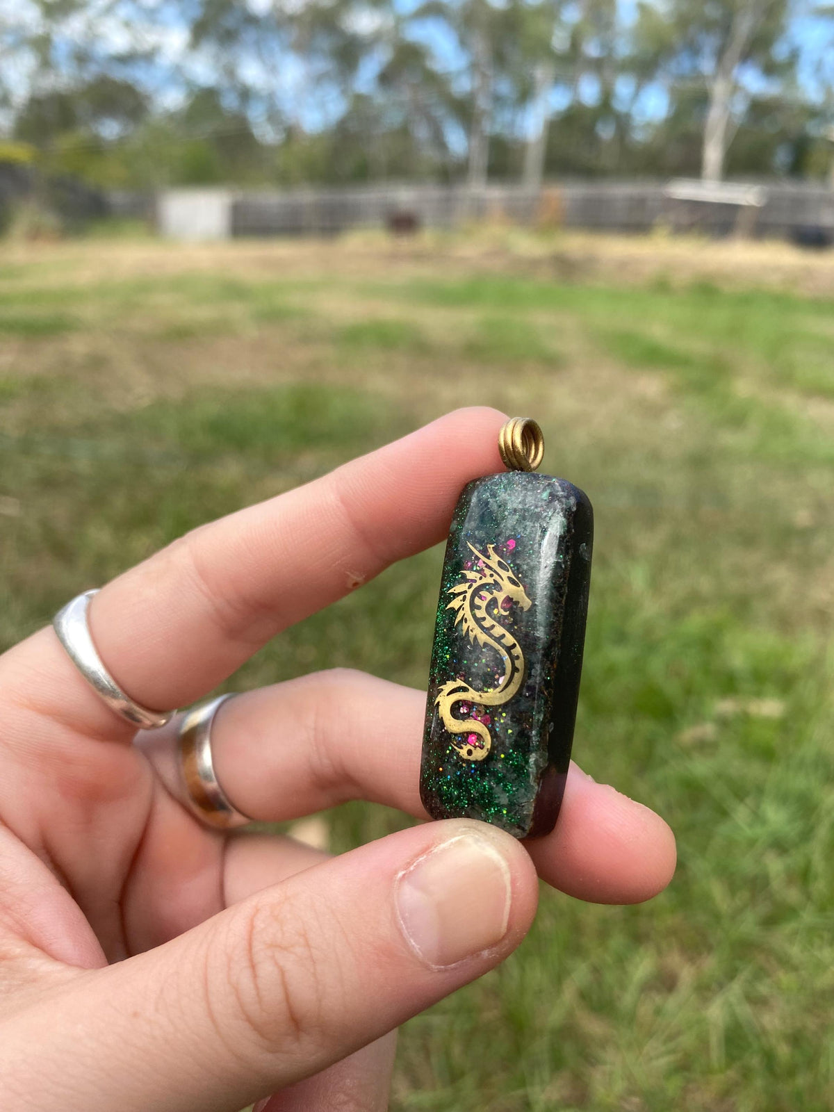 Dragon Orgonite Pendant, Elite Shungite, Selenite, Tensor Ring, Green Aventurine