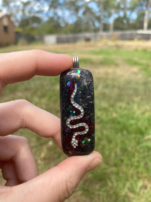 Snake. Pendant Necklace. Made w Elite Shungite. Almandine Garnet. Smokey Quartz. Tensor Ring. EMF Protection. 5G Protection.