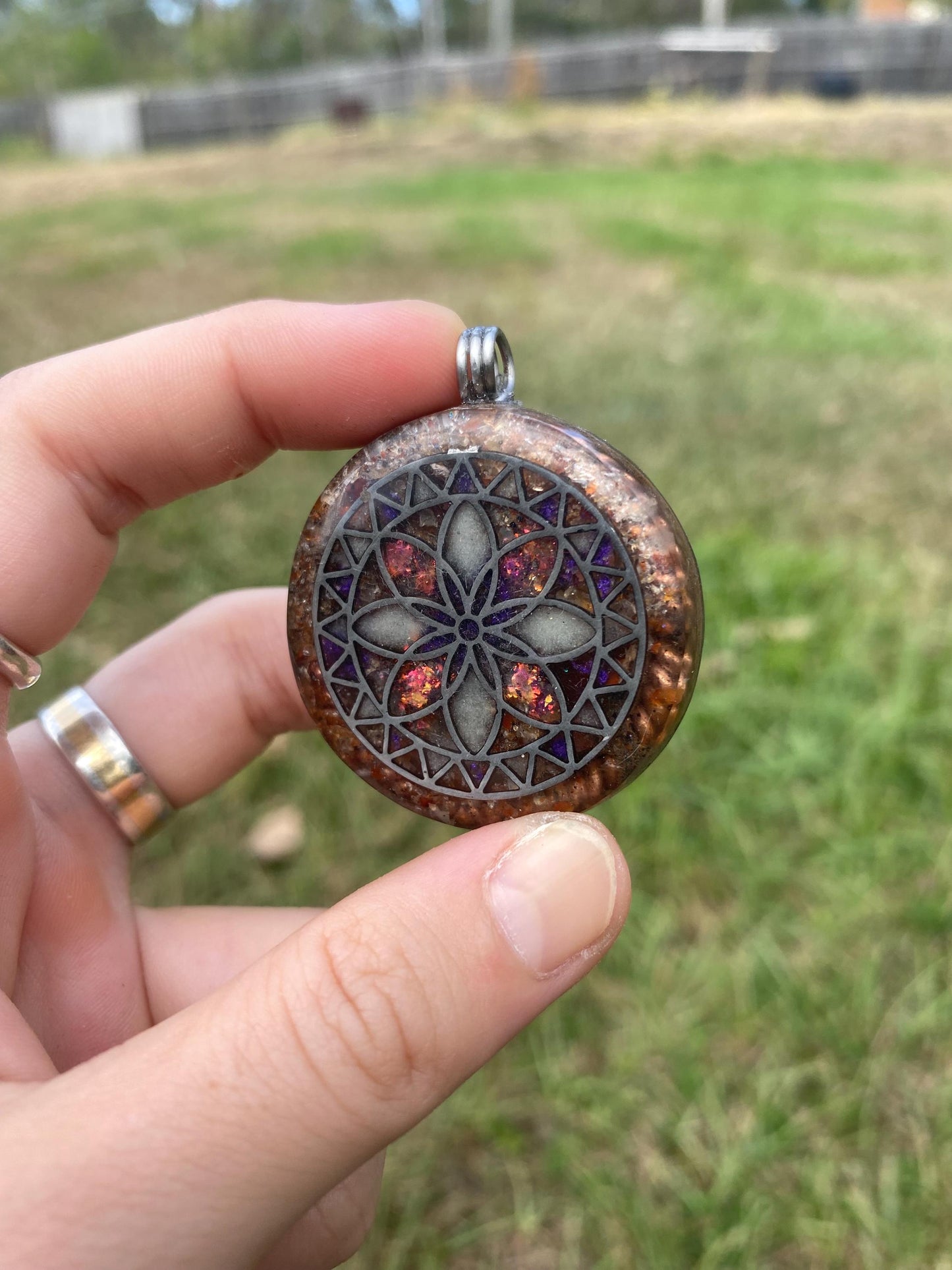 Seed of Life Mandala, Orgone Pendant Necklace. TENSOR RING. Elite Shungite, Carnelian, 4G and 5G Protection. Glow in the dark!