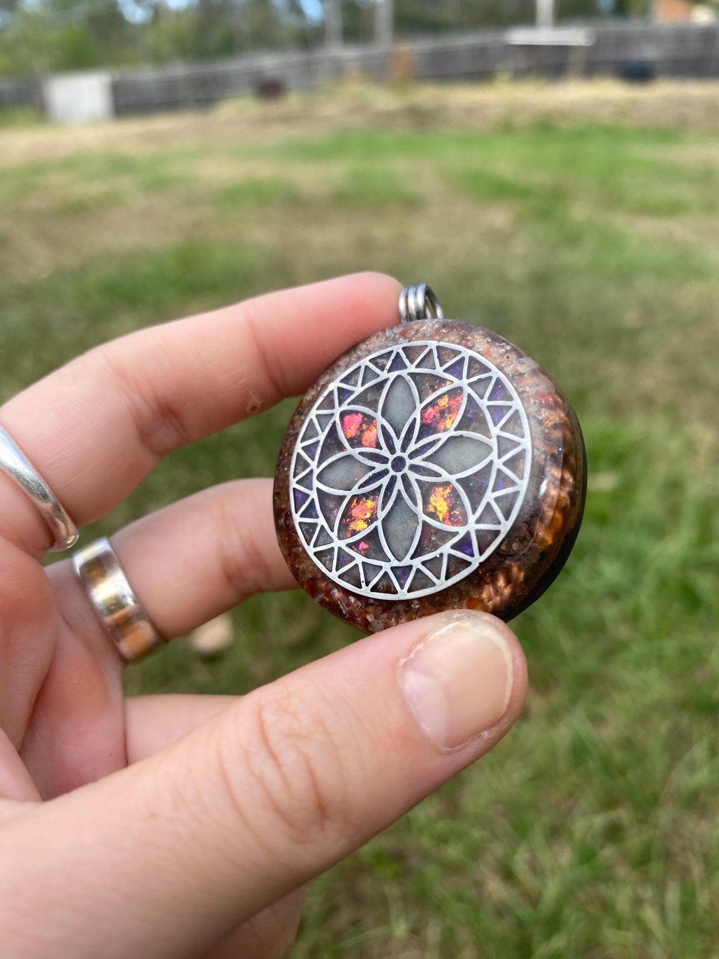 Seed of Life Mandala, Orgone Pendant Necklace. TENSOR RING. Elite Shungite, Carnelian, 4G and 5G Protection. Glow in the dark!