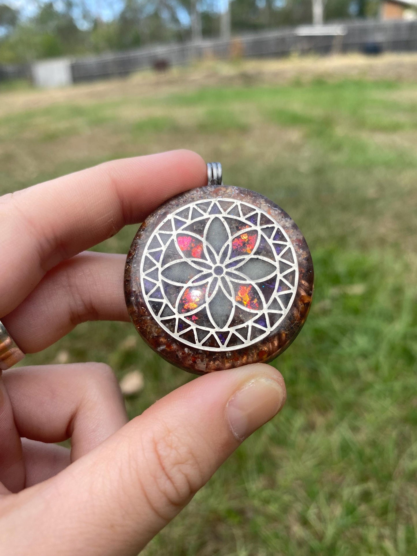 Seed of Life Mandala, Orgone Pendant Necklace. TENSOR RING. Elite Shungite, Carnelian, 4G and 5G Protection. Glow in the dark!