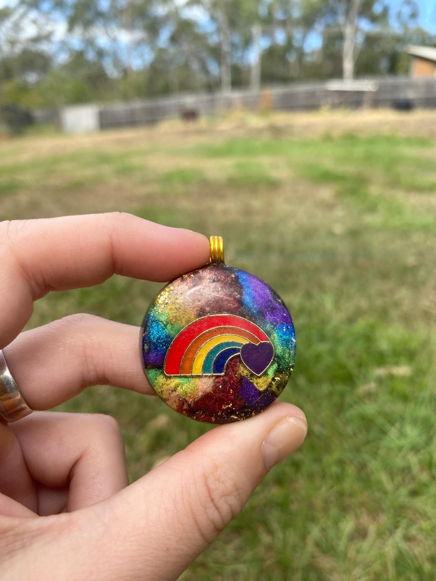 Love Rainbow. Orgone Pendant Necklace. Made w Elite Shungite, Lodestone, 25ct Gold and Tensor Ring. Powerful. EMF Protection. 5G Protection