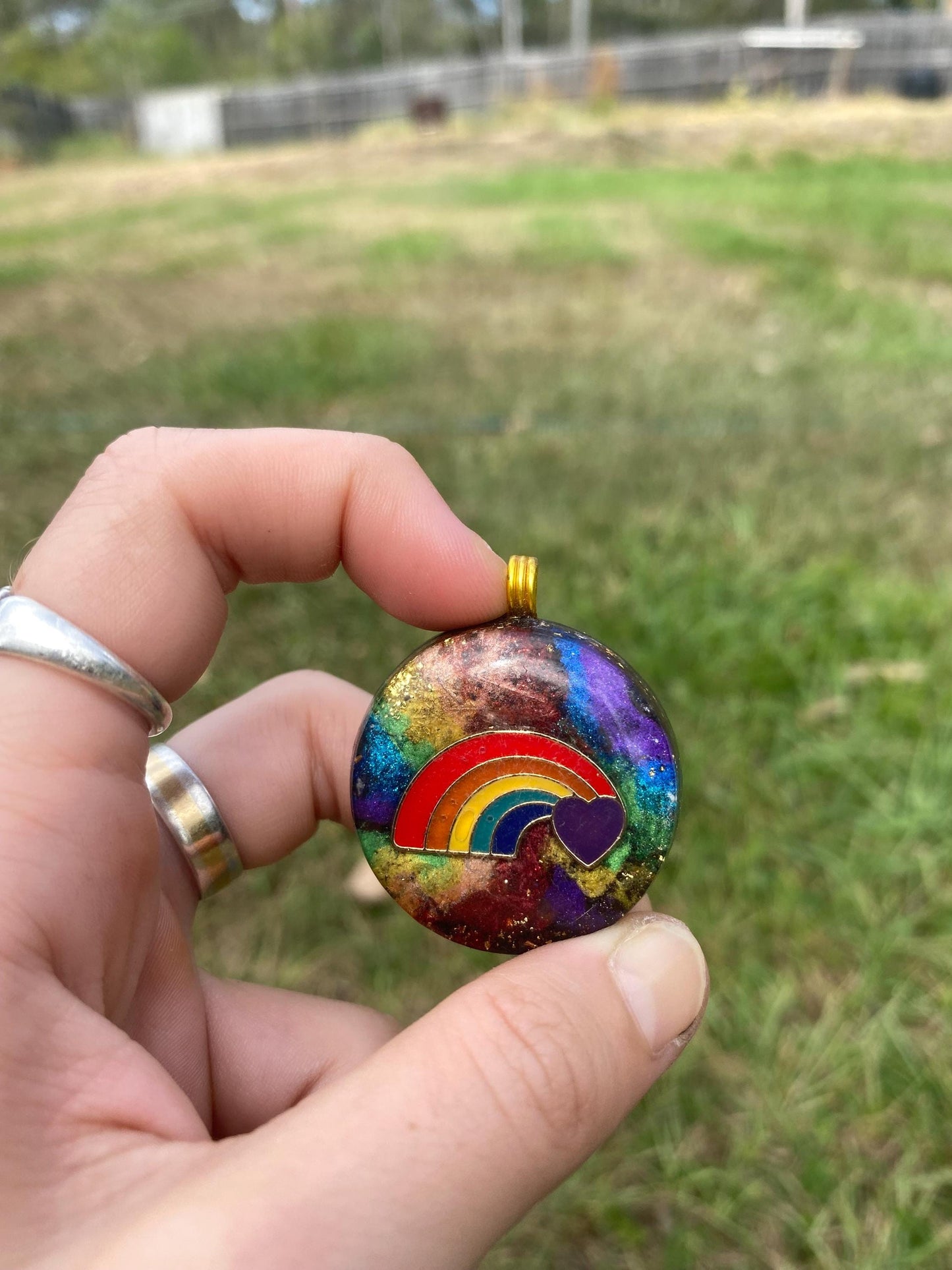 Love Rainbow. Orgone Pendant Necklace. Made w Elite Shungite, Lodestone, 25ct Gold and Tensor Ring. Powerful. EMF Protection. 5G Protection