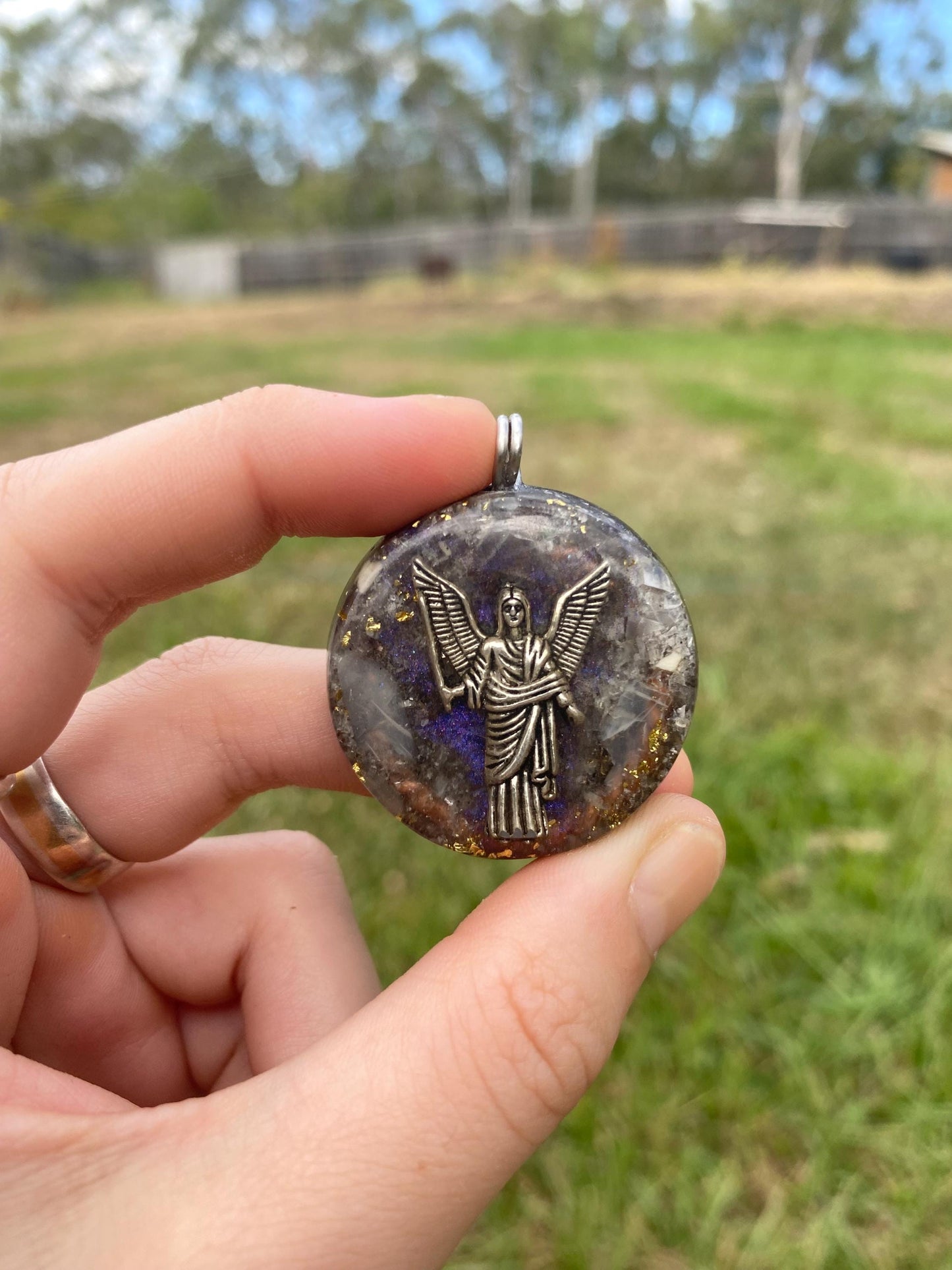 Archangel. Orgone Pendant Necklace. Made w white Moonstone, Elite Shungite, 24ct Gold & Tensor Ring. Powerful. 5G Protection.