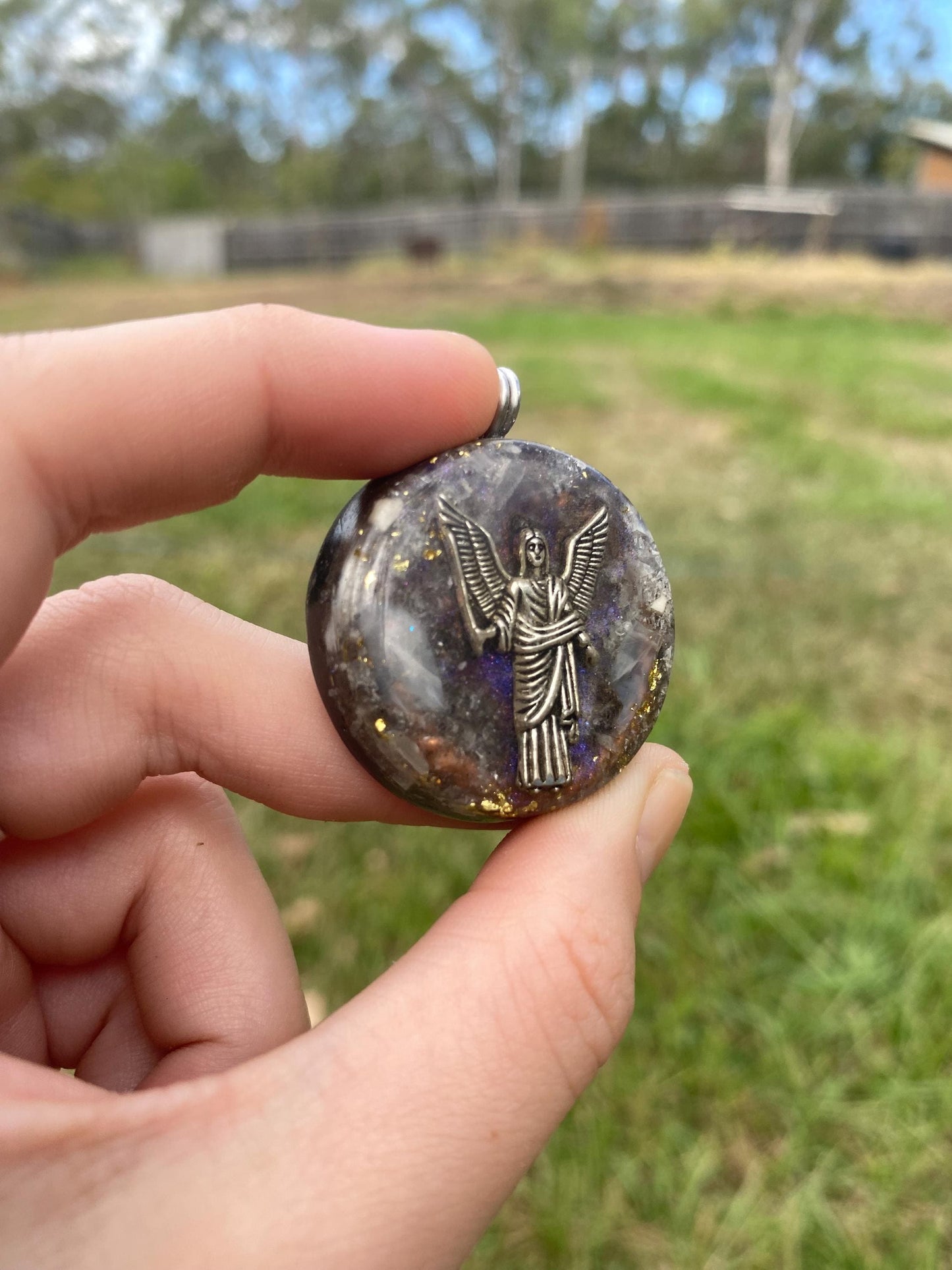 Archangel. Orgone Pendant Necklace. Made w white Moonstone, Elite Shungite, 24ct Gold & Tensor Ring. Powerful. 5G Protection.