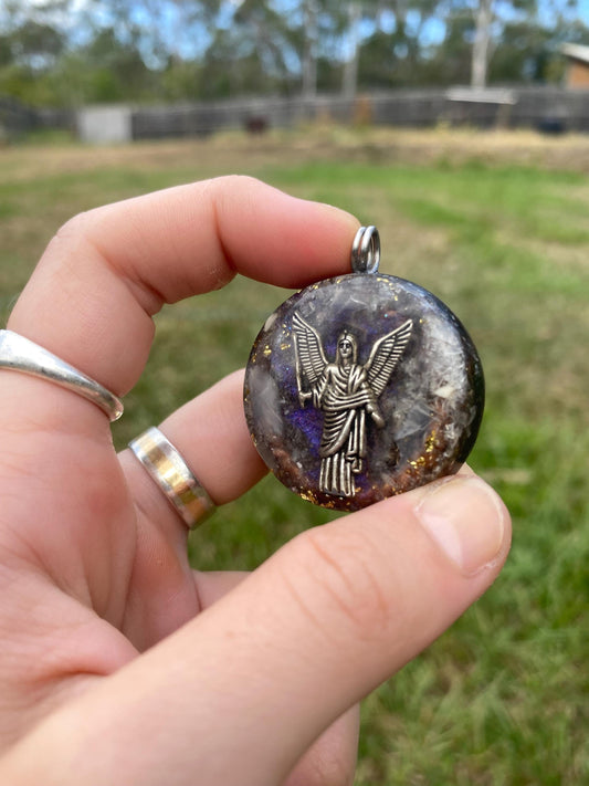 Archangel. Orgone Pendant Necklace. Made w white Moonstone, Elite Shungite, 24ct Gold & Tensor Ring. Powerful. 5G Protection.