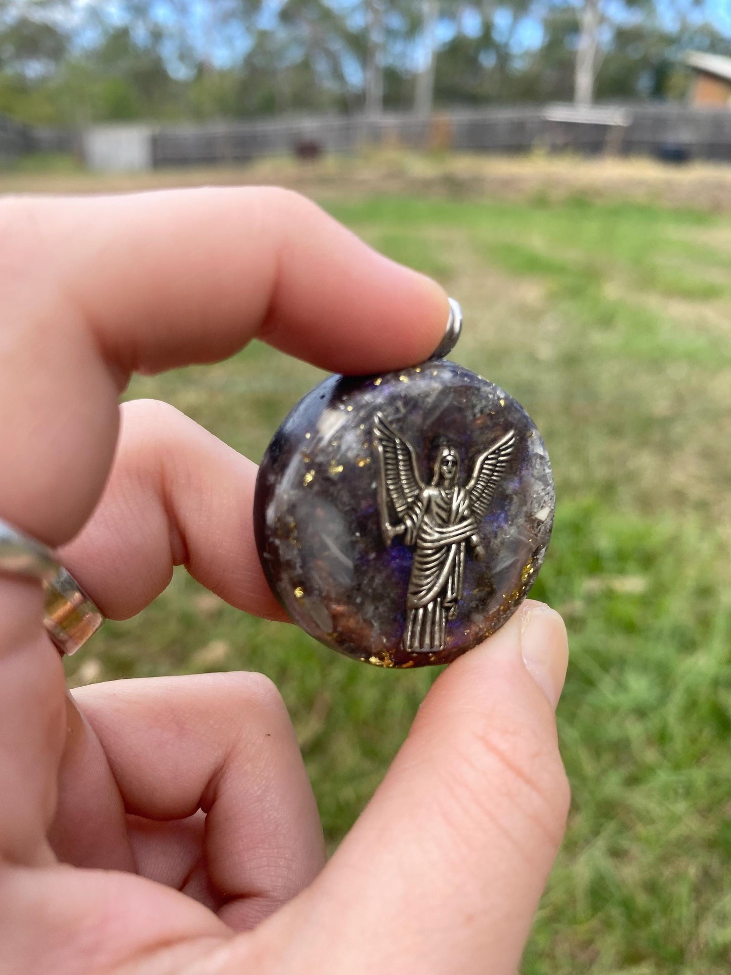 Archangel. Orgone Pendant Necklace. Made w white Moonstone, Elite Shungite, 24ct Gold & Tensor Ring. Powerful. 5G Protection.