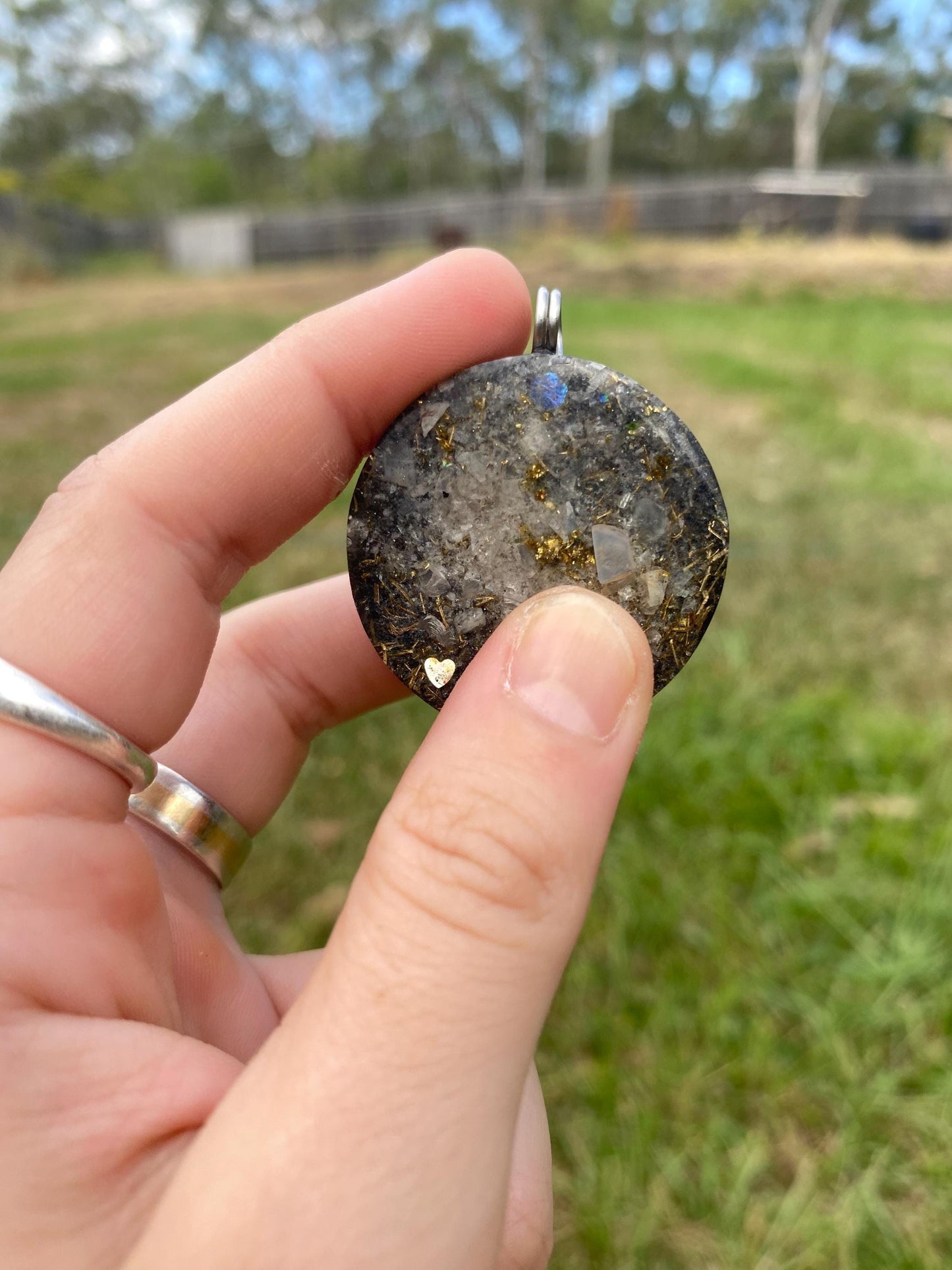 Archangel. Orgone Pendant Necklace. Made w white Moonstone, Elite Shungite, 24ct Gold & Tensor Ring. Powerful. 5G Protection.