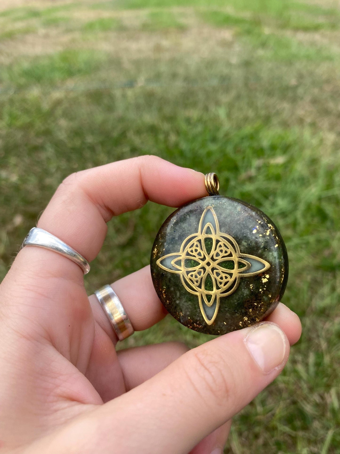 Celtic Knot Orgone Pendant Necklace. Made w Elite Shungite, and Diopside. Powerful. EMF Protection. 5G Protection. 24ct Gold