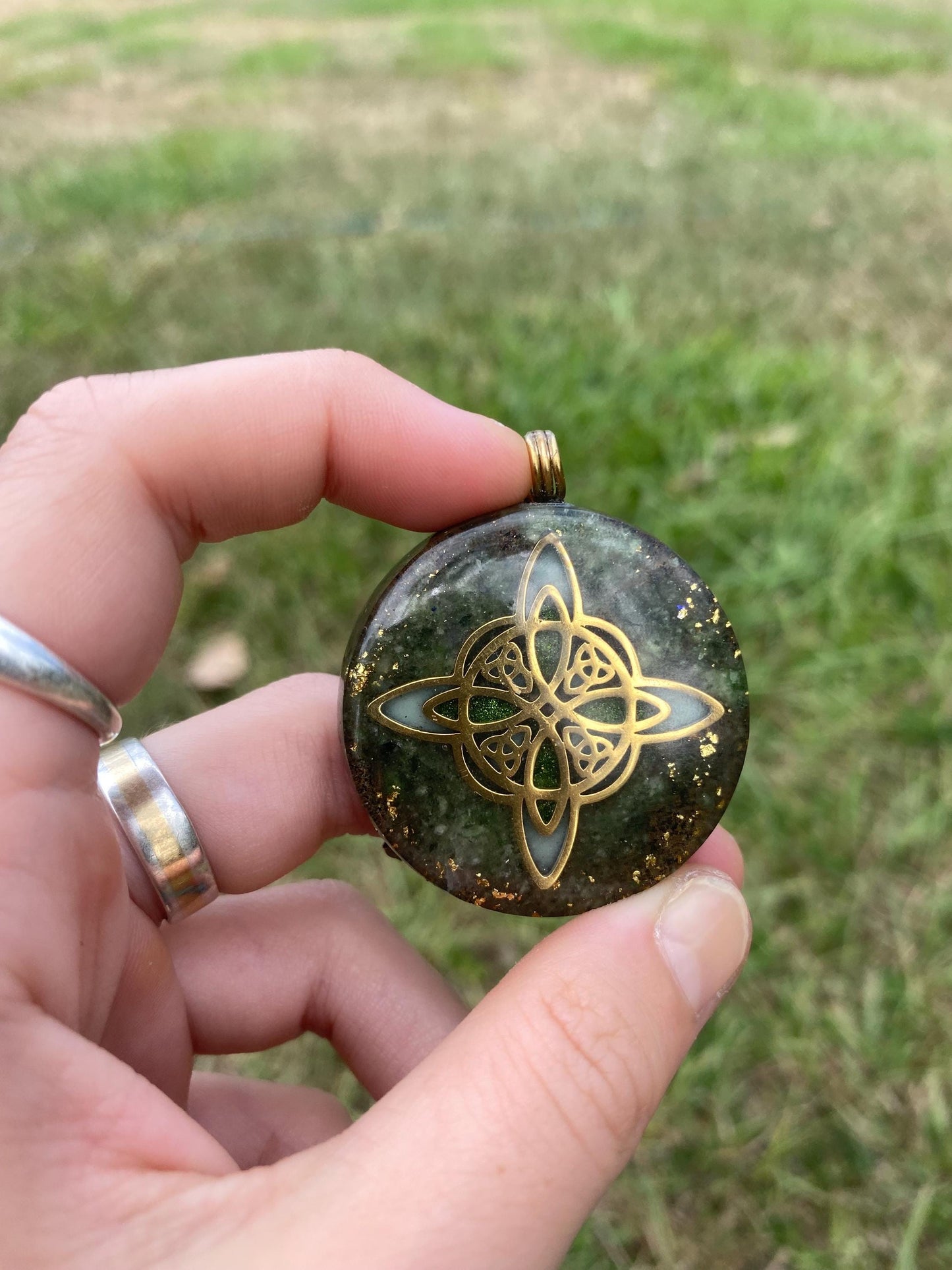 Celtic Knot Orgone Pendant Necklace. Made w Elite Shungite, and Diopside. Powerful. EMF Protection. 5G Protection. 24ct Gold