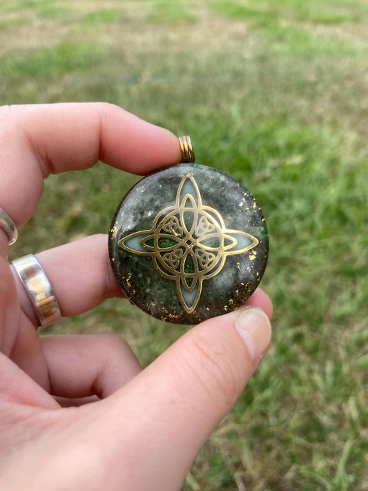 Celtic Knot Orgone Pendant Necklace. Made w Elite Shungite, and Diopside. Powerful. EMF Protection. 5G Protection. 24ct Gold