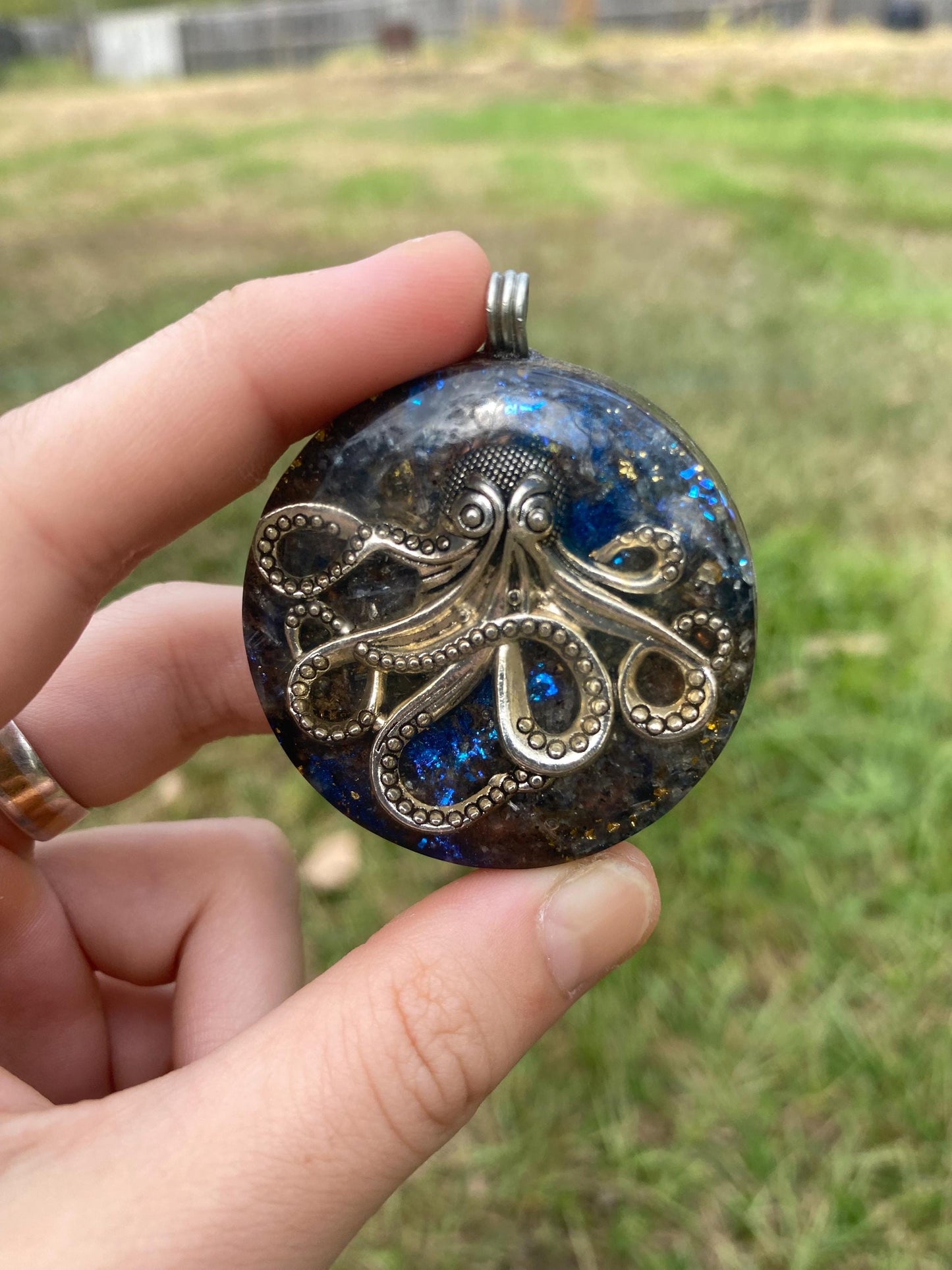Octopus. Orgone Pendant Necklace. Made w Elite Shungite, blue kyanite. 24ct Gold Powerful. EMF Protection. 5G Protection. TENSOR RING