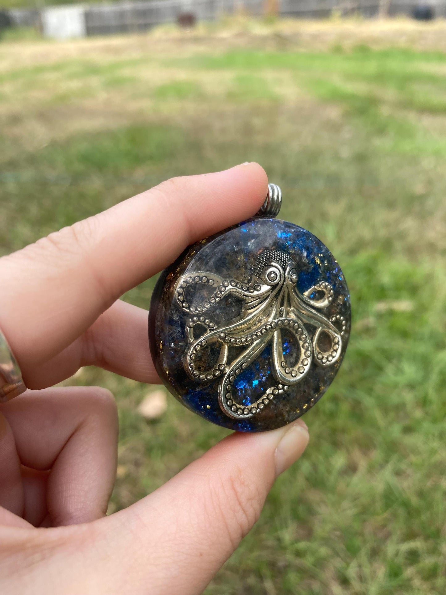 Octopus. Orgone Pendant Necklace. Made w Elite Shungite, blue kyanite. 24ct Gold Powerful. EMF Protection. 5G Protection. TENSOR RING