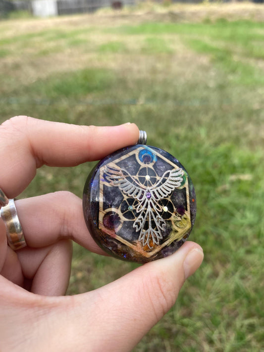 Phoenix/Metatrons Cube, Orgonite Pendant: Shungite, Amethyst, Tensor Ring EMF Protection