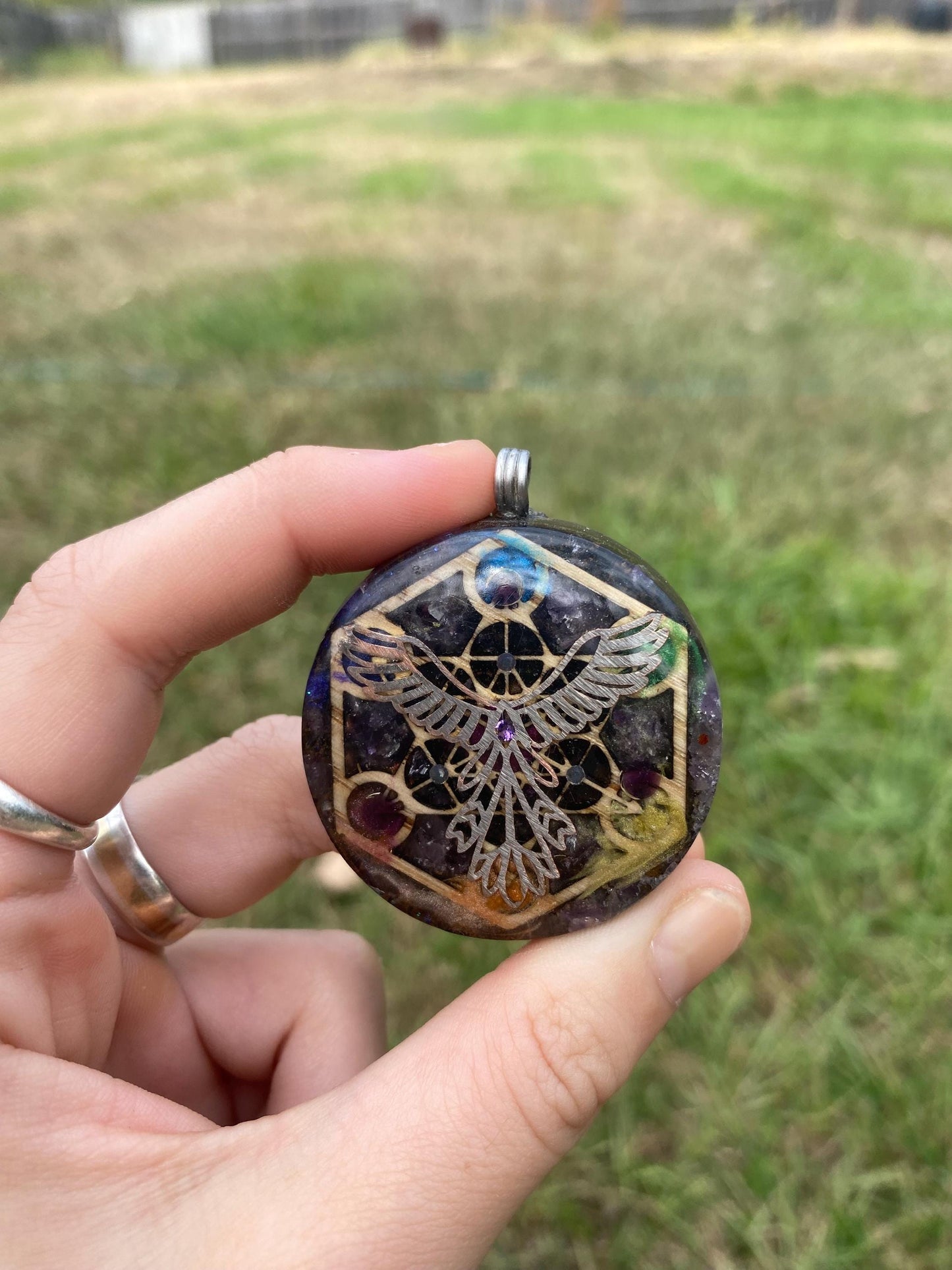 Phoenix/Metatrons Cube, Orgonite Pendant: Shungite, Amethyst, Tensor Ring EMF Protection