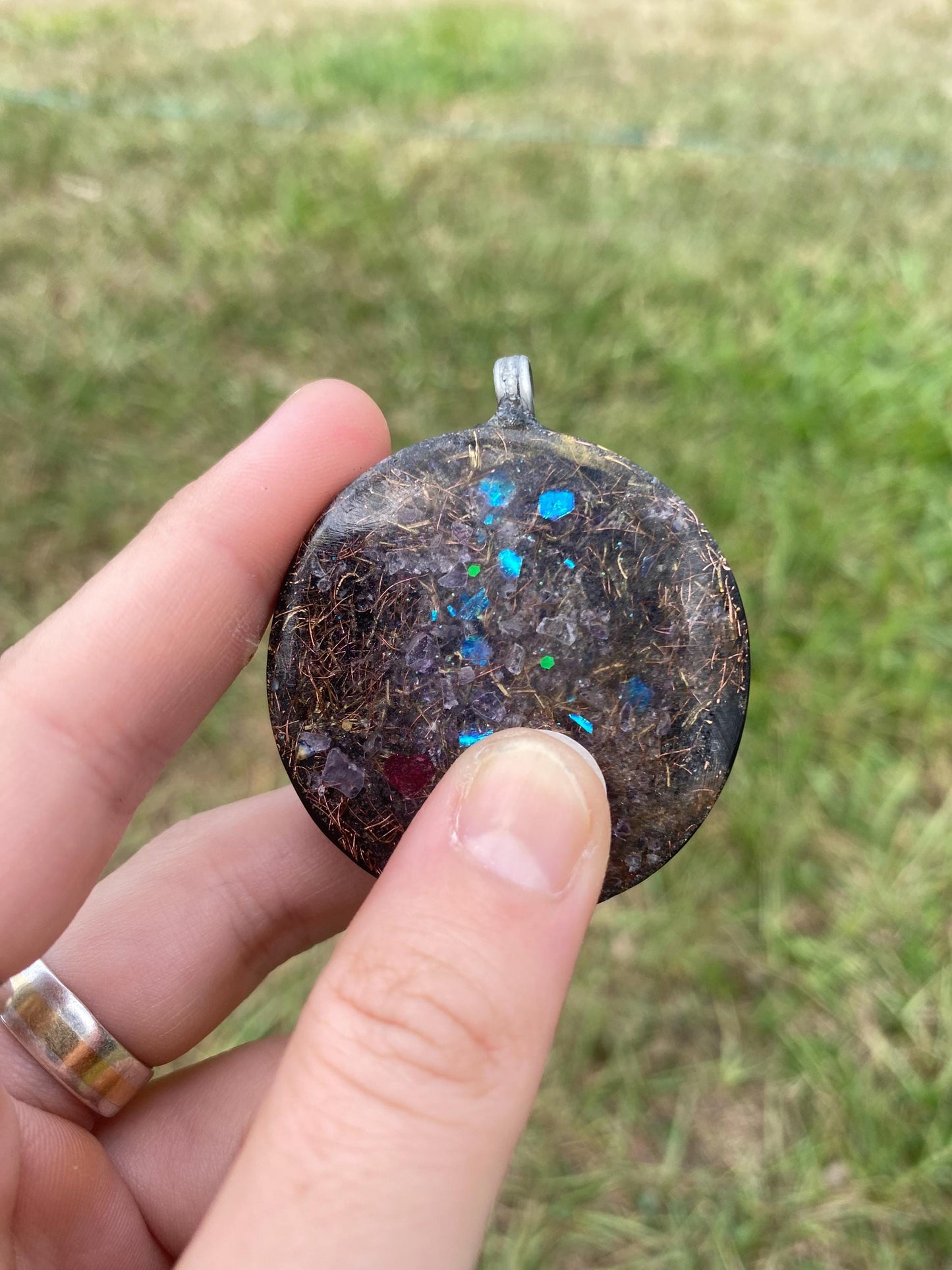 Phoenix/Metatrons Cube, Orgonite Pendant: Shungite, Amethyst, Tensor Ring EMF Protection