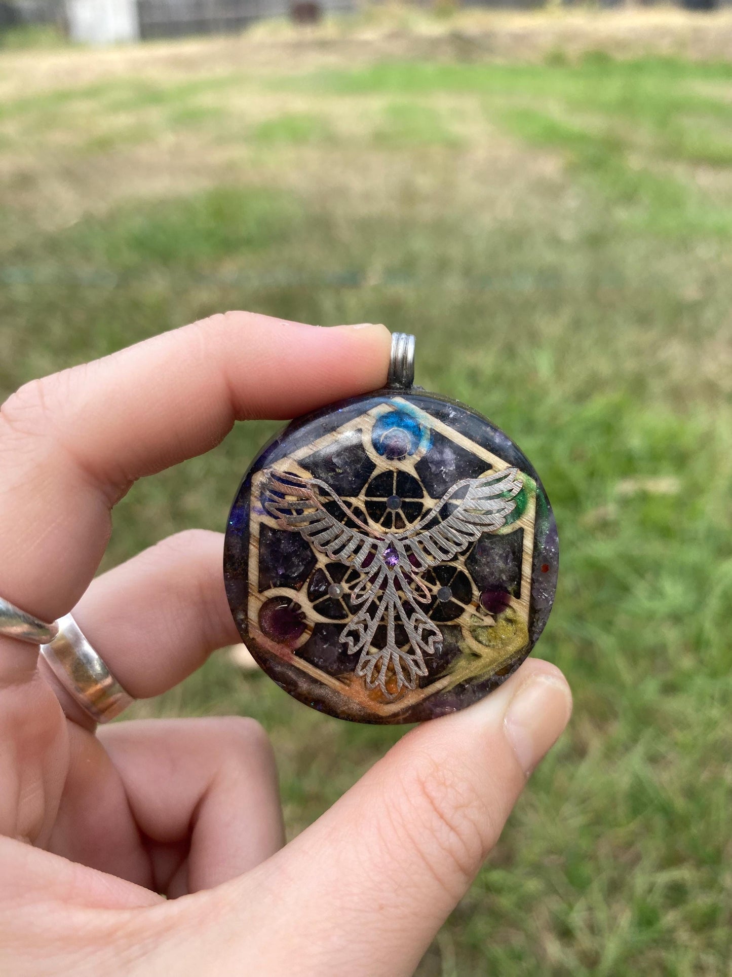Phoenix/Metatrons Cube, Orgonite Pendant: Shungite, Amethyst, Tensor Ring EMF Protection