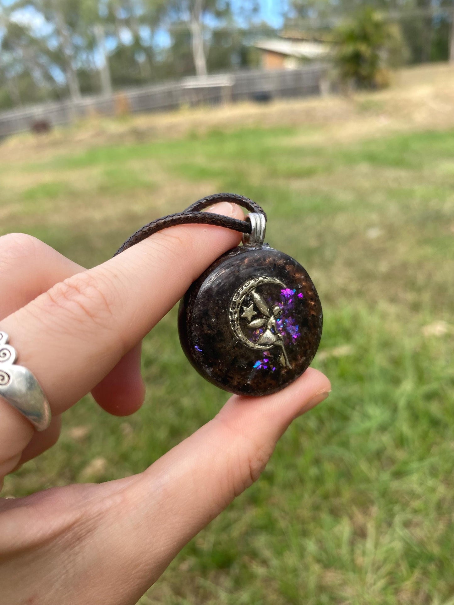 Fairy Orgonite Pendant: Shungite, Amethyst, Tensor Ring EMF Protection