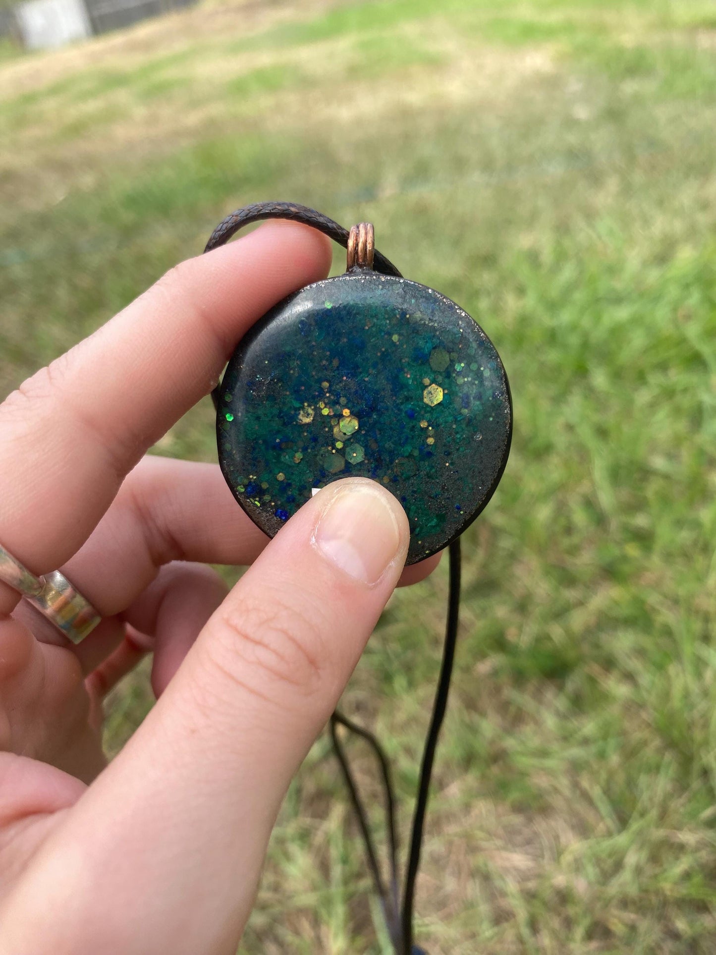 Boho Mandala Orgone Pendant. Made w Elite Shungite, Selenite, Malachite & Azurite. Powerful. EMF Protection. Glow in the dark. TENSOR RING