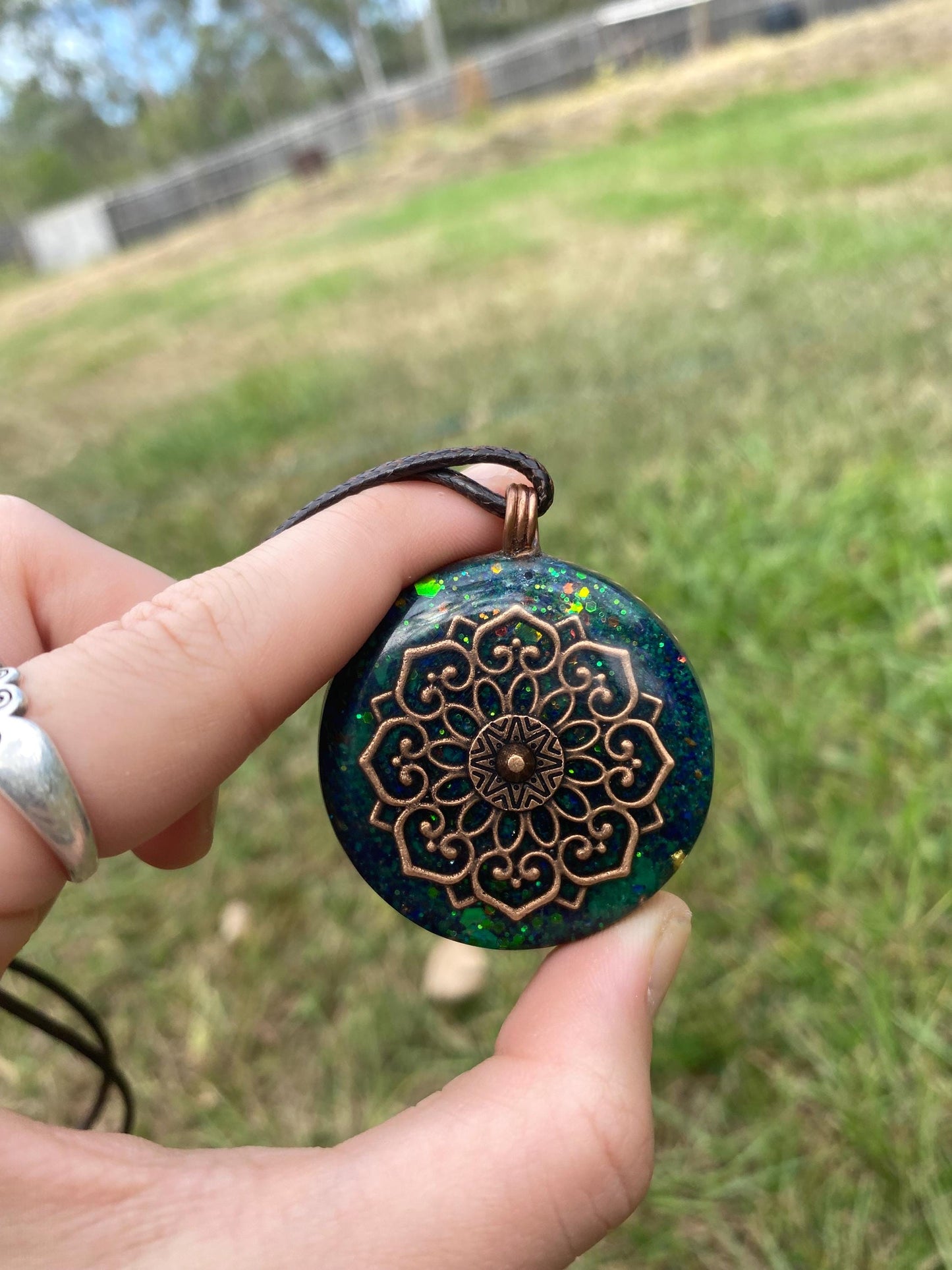 Boho Mandala Orgone Pendant. Made w Elite Shungite, Selenite, Malachite & Azurite. Powerful. EMF Protection. Glow in the dark. TENSOR RING