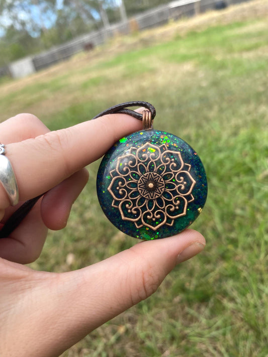 Boho Mandala Orgone Pendant. Made w Elite Shungite, Selenite, Malachite & Azurite. Powerful. EMF Protection. Glow in the dark. TENSOR RING