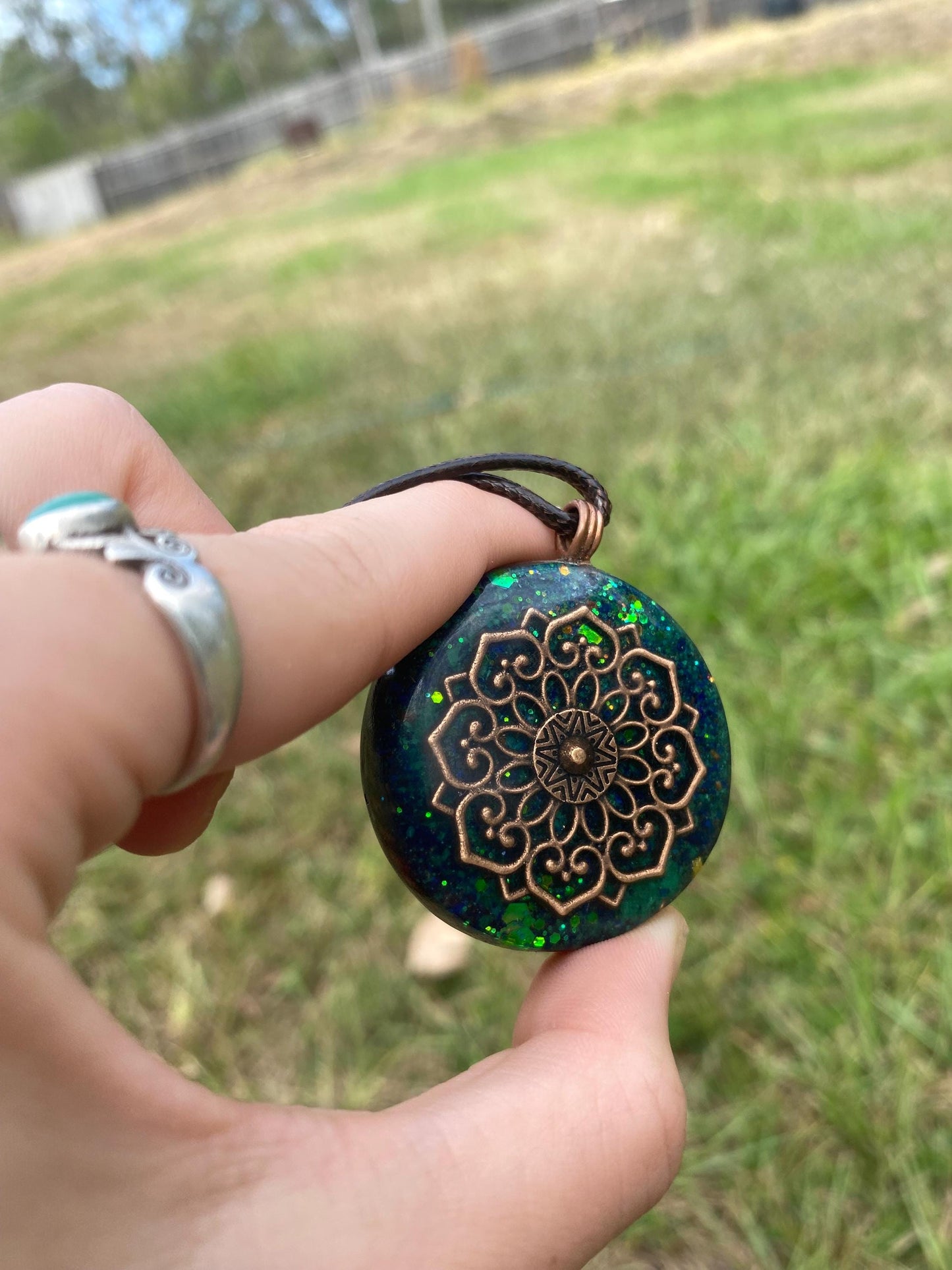 Boho Mandala Orgone Pendant. Made w Elite Shungite, Selenite, Malachite & Azurite. Powerful. EMF Protection. Glow in the dark. TENSOR RING