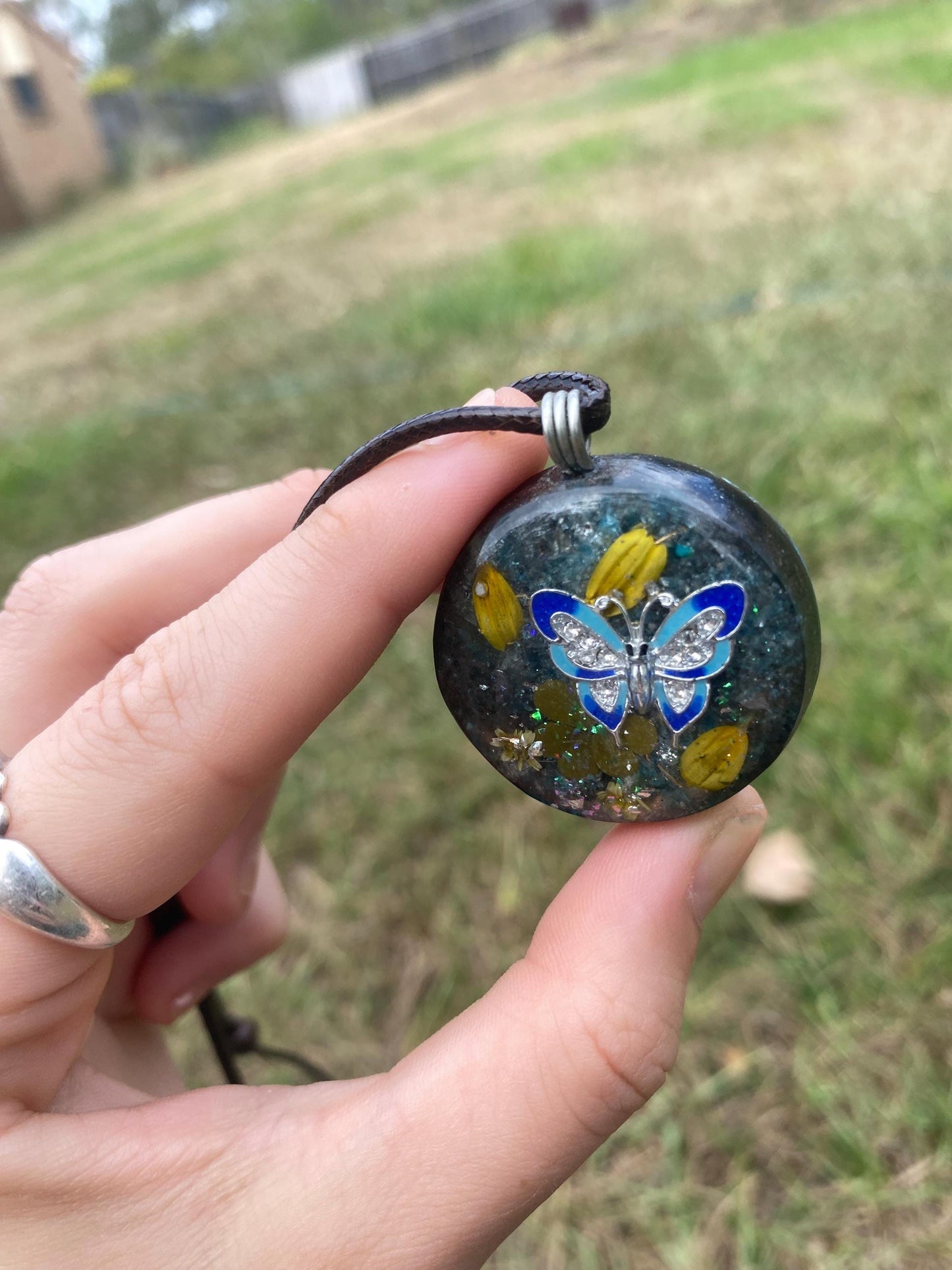 Butterfly. Orgone Pendant Necklace. Made w Blue Apatite, & Elite Shungite. Tensor Ring. Powerful. EMF Protection.