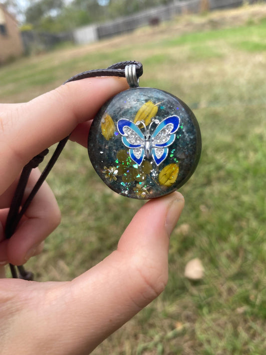 Butterfly. Orgone Pendant Necklace. Made w Blue Apatite, & Elite Shungite. Tensor Ring. Powerful. EMF Protection.