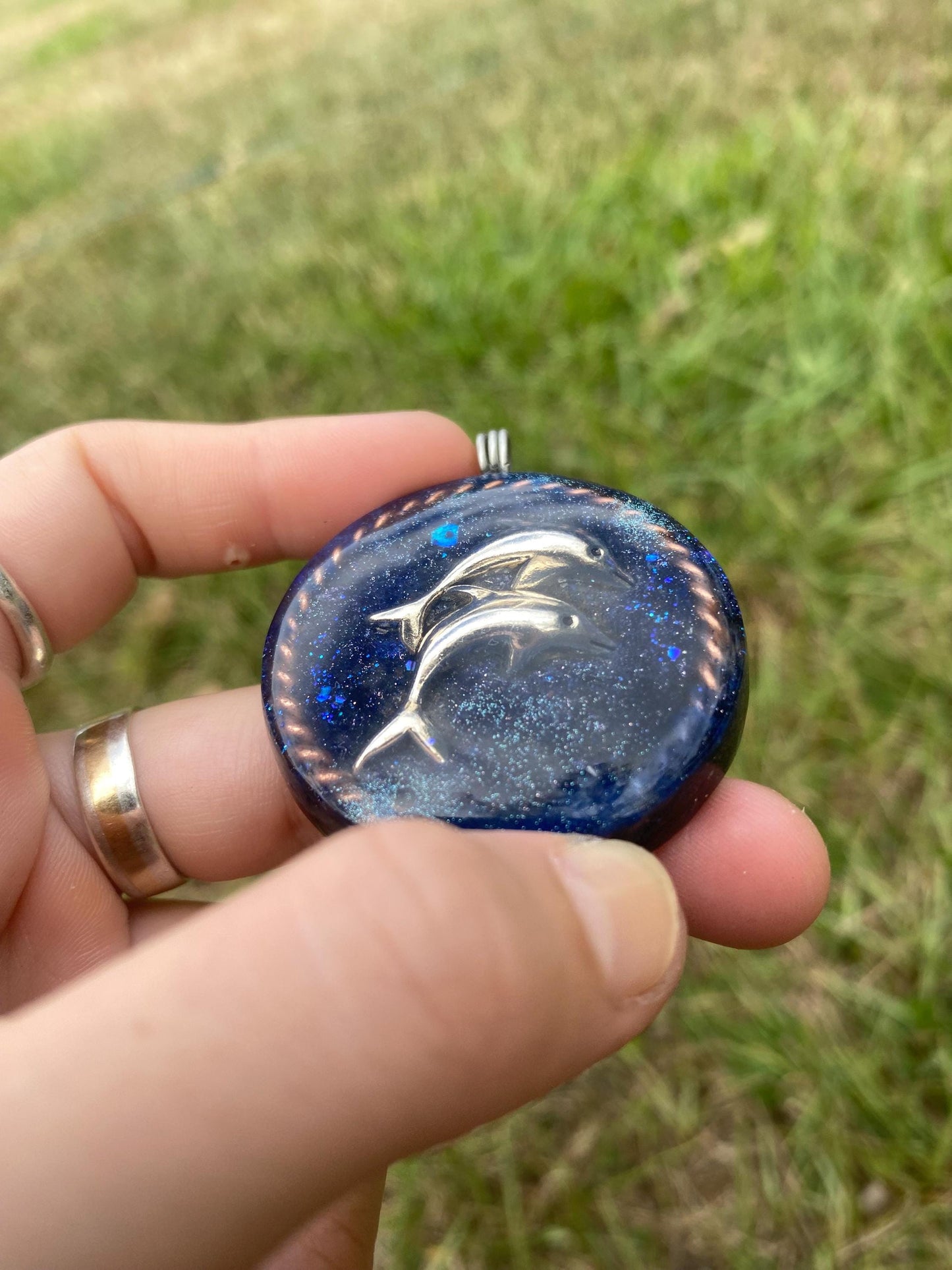 Dolphin. Orgone Pendant Necklace. Made w Elite Shungite, Selenite & Blue Goldstone. Powerful. EMF Protection. 5G Protection. TENSOR RING