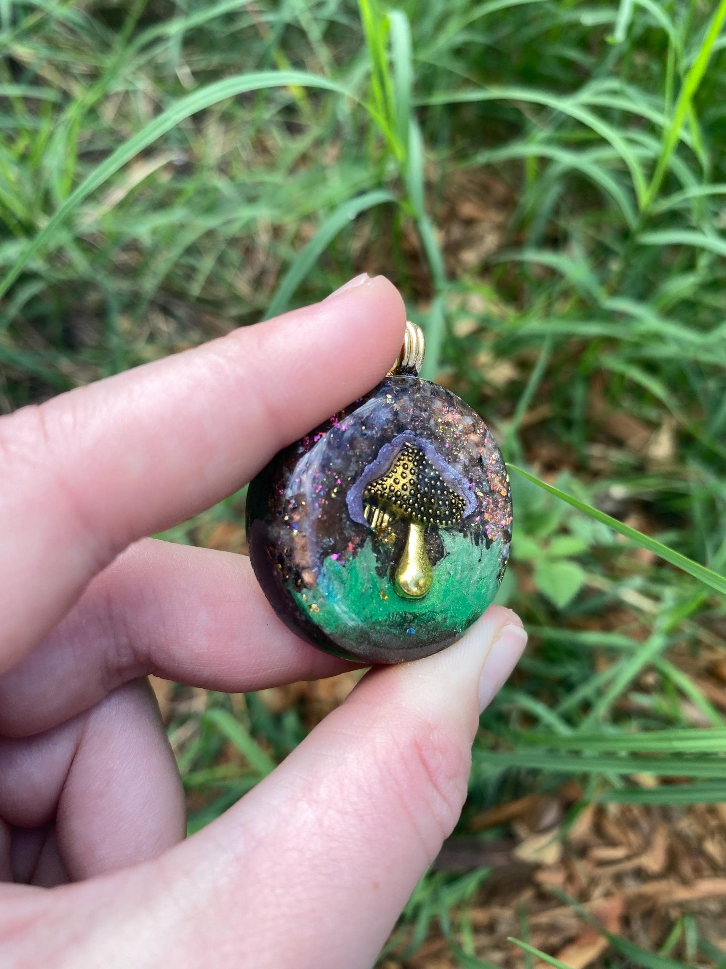 Mushroom. Orgone Pendant Necklace. Made w Elite Shungite, Sunstone and 24ct Gold. Powerful EMF Protection.