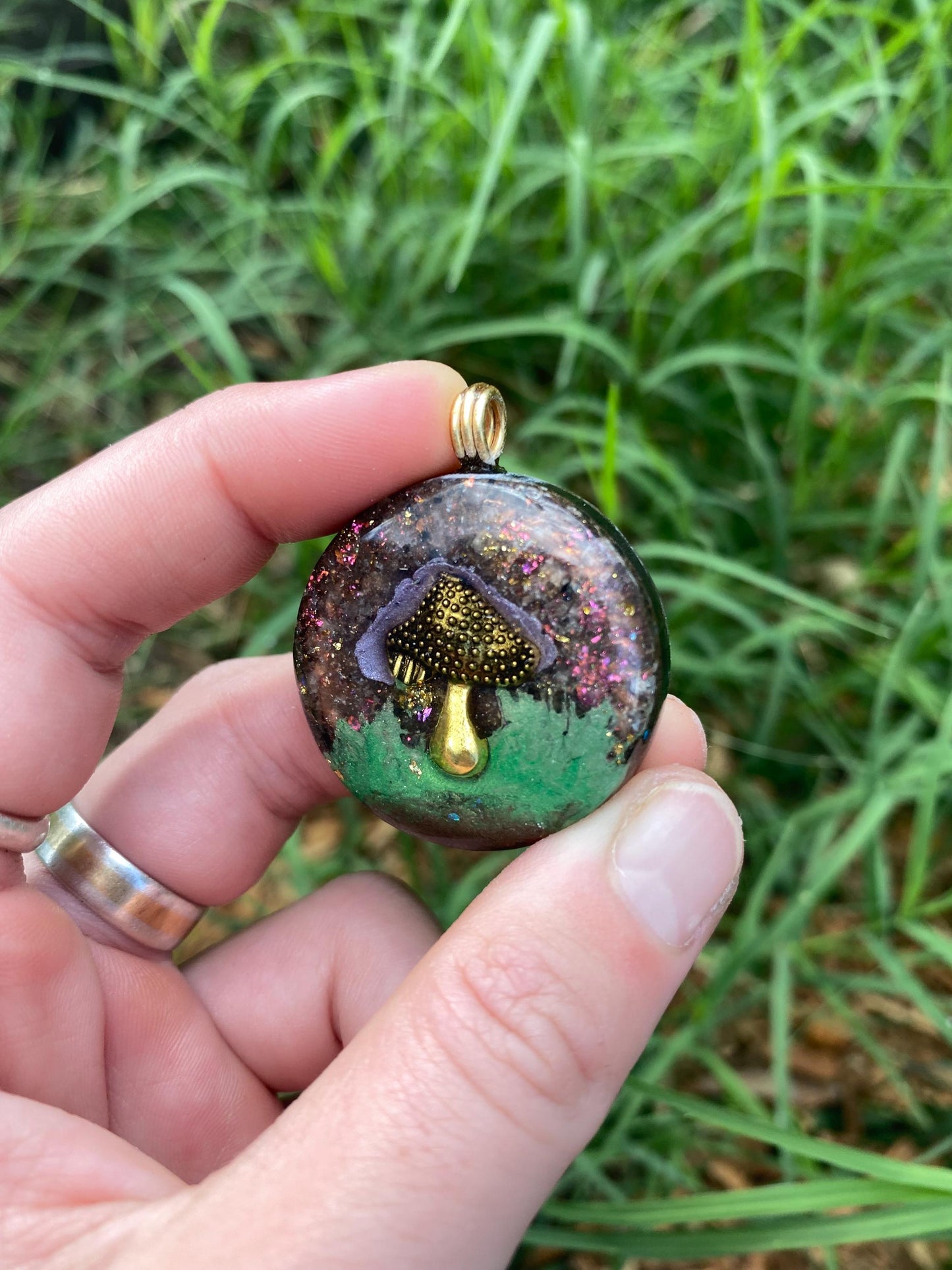 Mushroom. Orgone Pendant Necklace. Made w Elite Shungite, Sunstone and 24ct Gold. Powerful EMF Protection.