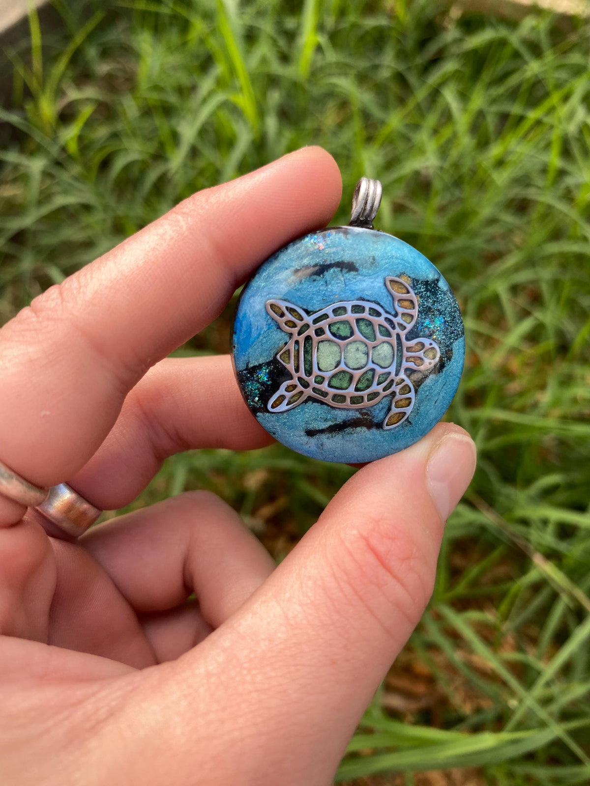 Turtle. Orgone Pendant Necklace. Made w Elite Shungite, Vivianite & Tensor Ring. Powerful. 5G Protection.