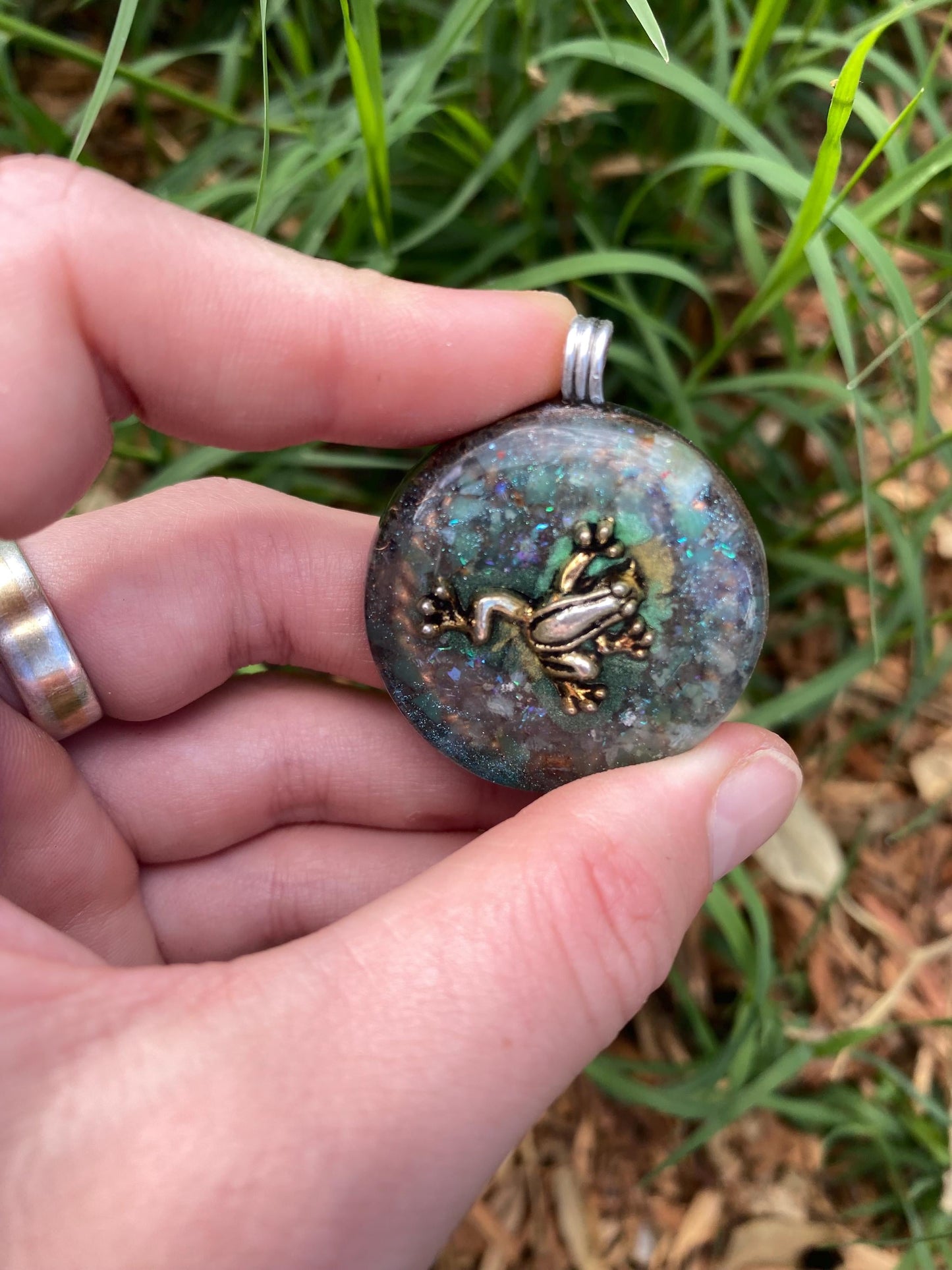 Frog. Orgone Pendant Necklace. Made w Elite Shungite, chryscolla, & Tensor Ring. Powerful. 5G Protection.