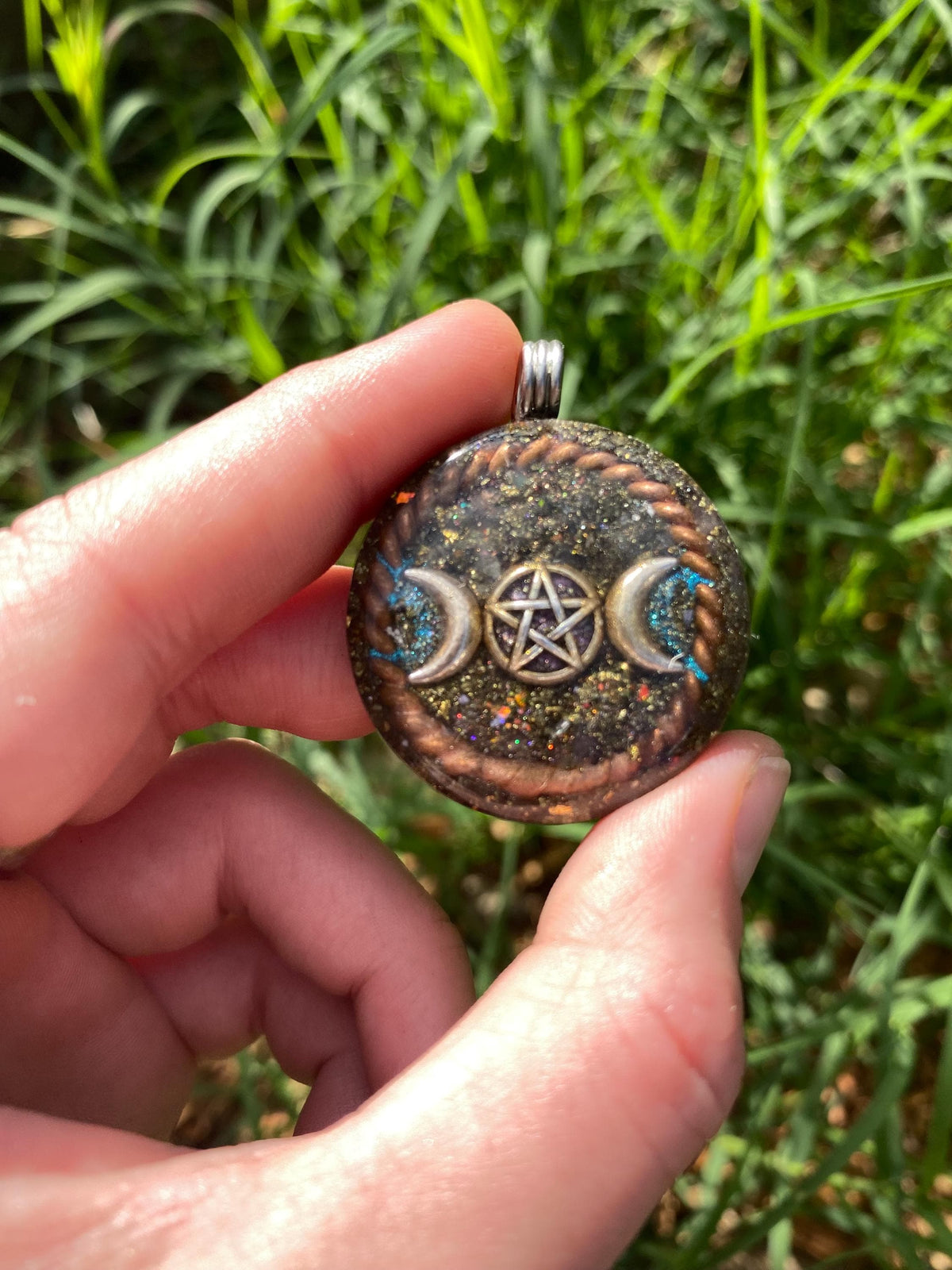 Triple Moon Goddess. Orgone Pendant Necklace. Made w Elite Shungite, Chalcopyrite, 25ct Gold and Tensor Ring. EMF Protection. 5G Protection