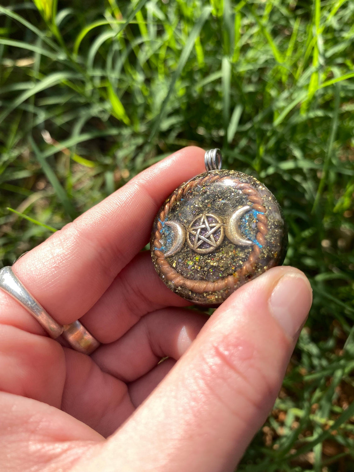 Triple Moon Goddess. Orgone Pendant Necklace. Made w Elite Shungite, Chalcopyrite, 25ct Gold and Tensor Ring. EMF Protection. 5G Protection