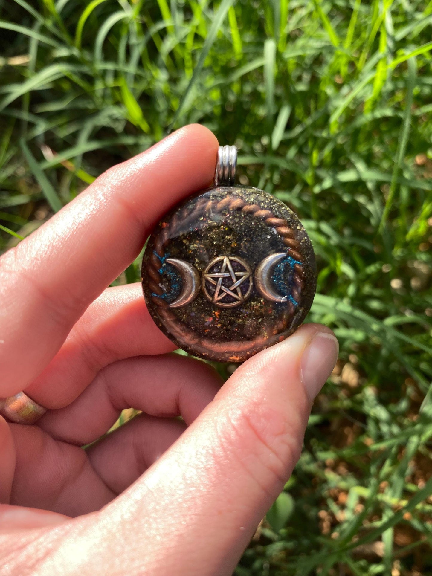 Triple Moon Goddess. Orgone Pendant Necklace. Made w Elite Shungite, Chalcopyrite, 25ct Gold and Tensor Ring. EMF Protection. 5G Protection