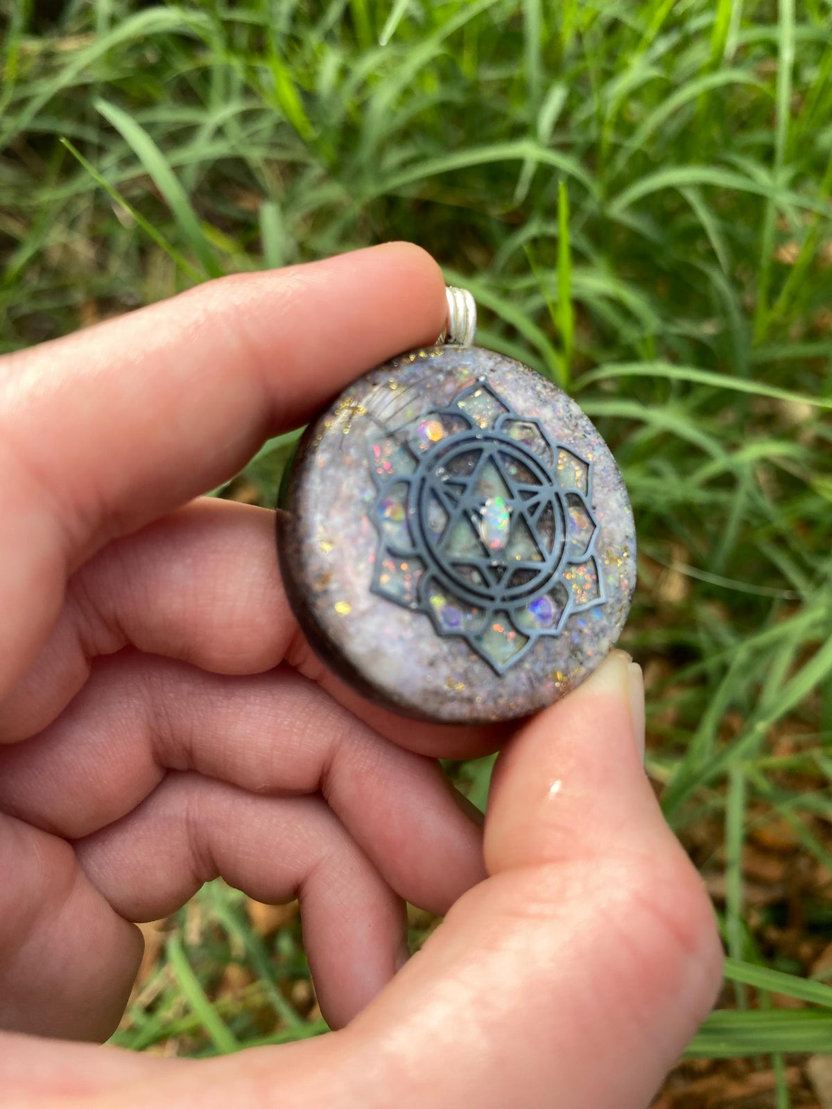 Merkaba Mandala, Orgone Pendant Necklace. Made w Elite Shungite, Lightning Ridge Opal.EMF Protection. TENSOR RING. Glow in the dark!