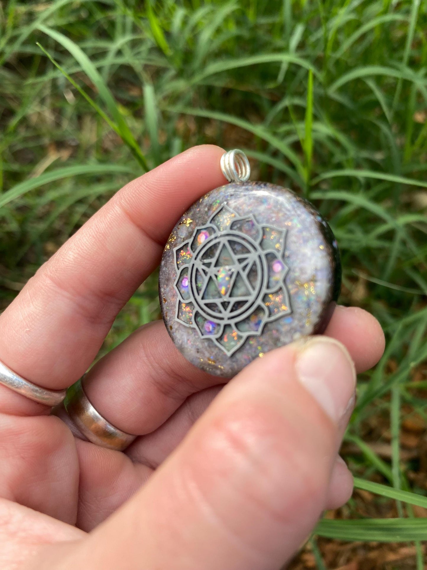 Merkaba Mandala, Orgone Pendant Necklace. Made w Elite Shungite, Lightning Ridge Opal.EMF Protection. TENSOR RING. Glow in the dark!